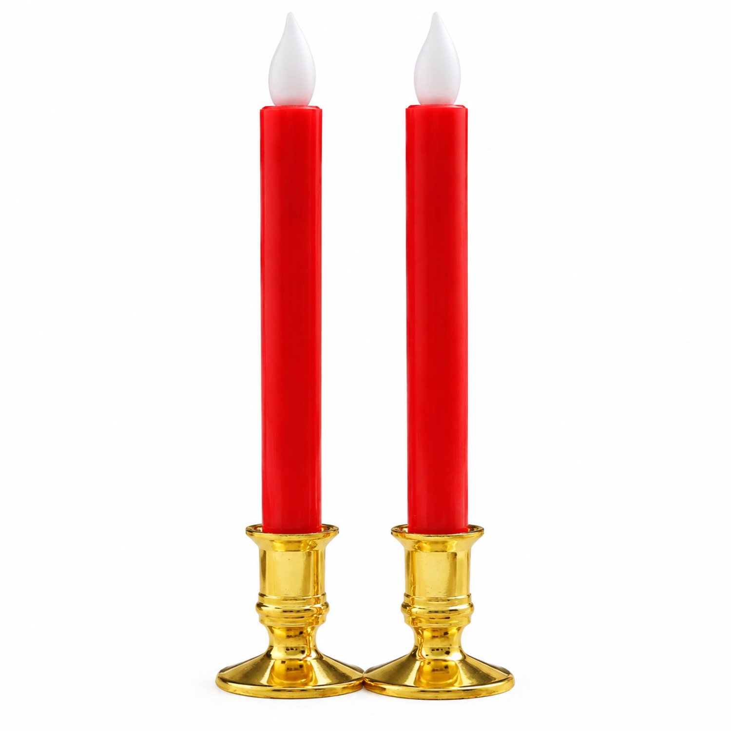 SWGOTA led kaarsen, set van 2 rode staafkaarsen met goudkleurige voetjes en vlamvormige top, voor bruiloften en kerkdecoratie Rood