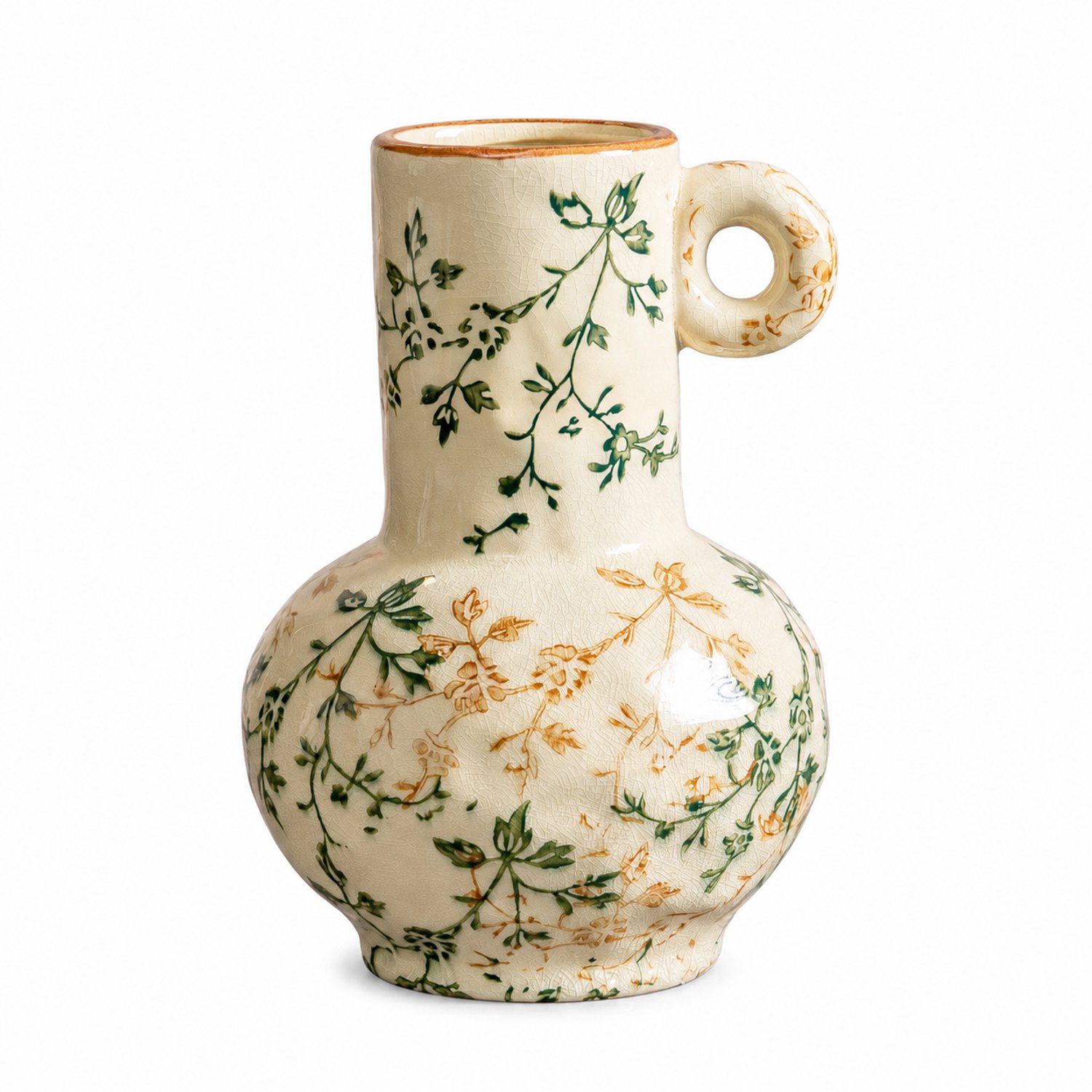 SWGOTA Keramische vaas met crackléafwerking en plantenmotief, ronde opening en één ringvormig oor, voor kunstbloemen Crème