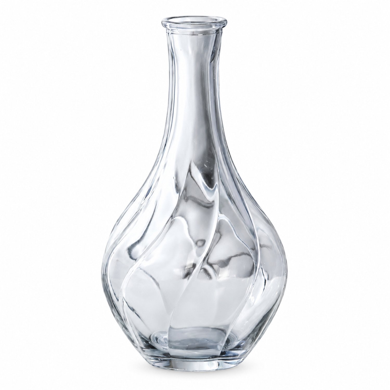 Grijze glazen vaas, 17 cm hoog, bovenzijde 3,5 cm breed, met smalle hals en golvend reliëf, voor een enkele bloem of droogbloemen