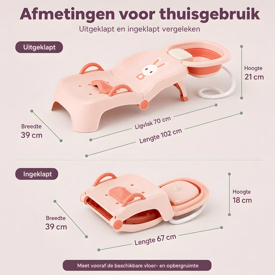 Kinderhaarwasstoel - Kinder Douche Stoeltje Comfort - Draagbare Douchezit voor Baby's en Peuters - inklapbaar haarwasstation met waskom en afvoerslang - verstelbare PU-steunen - antislipvoeten - 102 x 39 x 21 cm - roze - Ideaal voor Groei — afbeelding 2