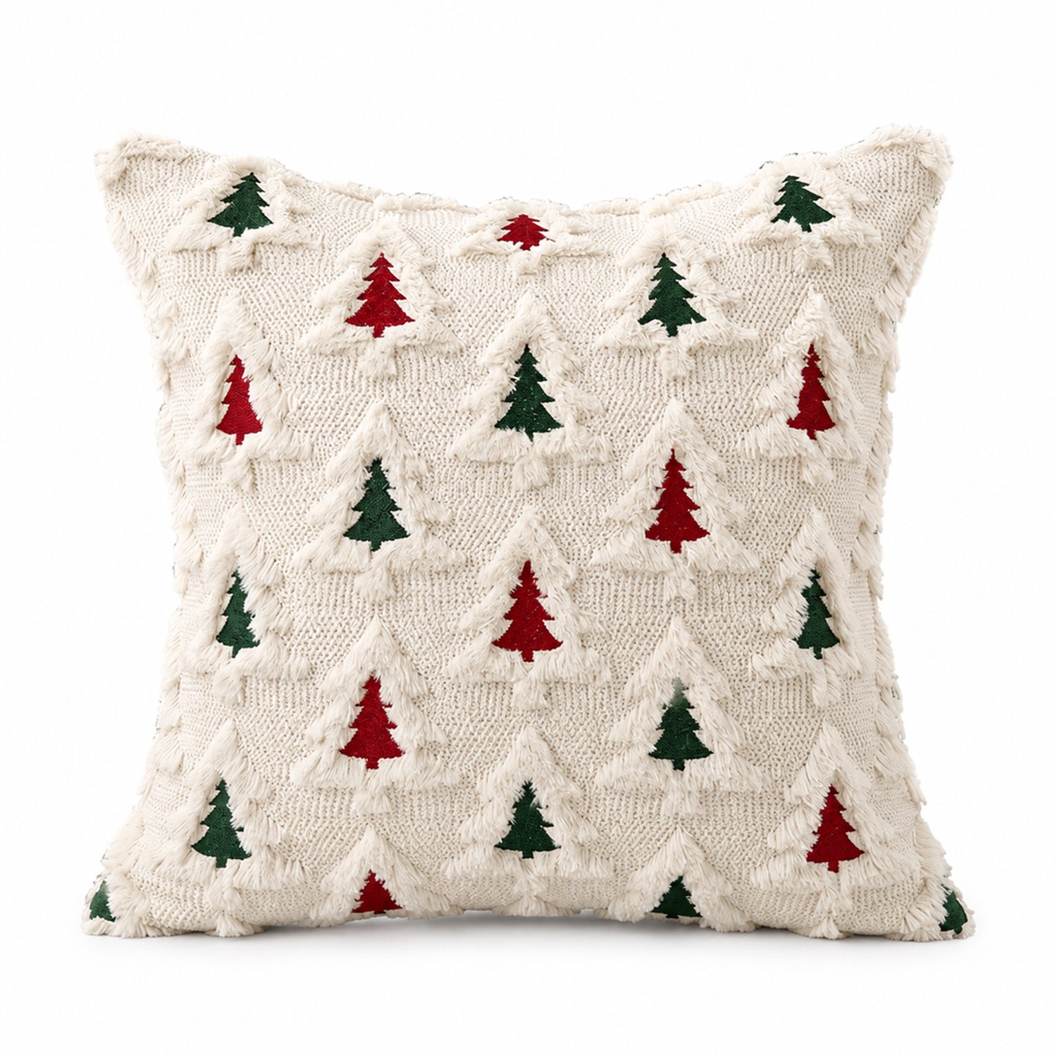 SWGOTA Kerstkussenhoes 45 x 45 cm met rode en groene kerstbomen en franjereliëf - Polyester - 1 stuk zonder binnenkussen Rood