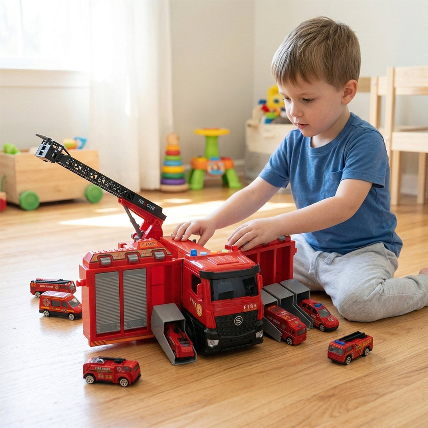 Brandweerauto Set - Brandweerwagen - Reddingsvoertuig - Brandweerauto Speelgoed - Transportvoertuig - Reddingsspel - Inertie - Licht & Geluid - Uitschuifbare Ladder & Waterkanon - Kinderspeelgoed - Rollenspel - Voor Kinderen Vanaf 3 Jaar – foto 3