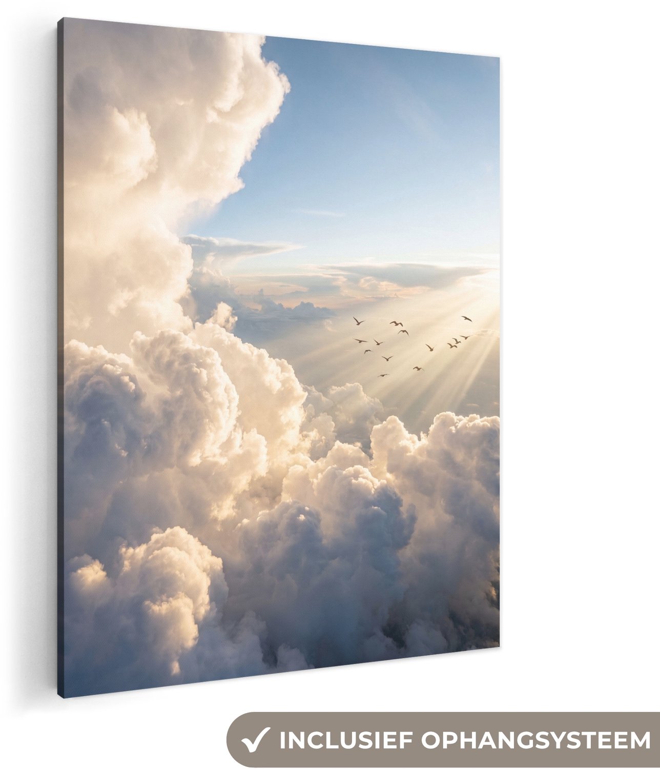 Canvas schilderij 120x160 cm - Exclusieve wanddecoratie Wolken - Zonnestralen - Natuur - Wit - Muurdecoratie woonkamer - Slaapkamer decoratie - Kamer accessoires - Schilderijen op canvas groot XXL