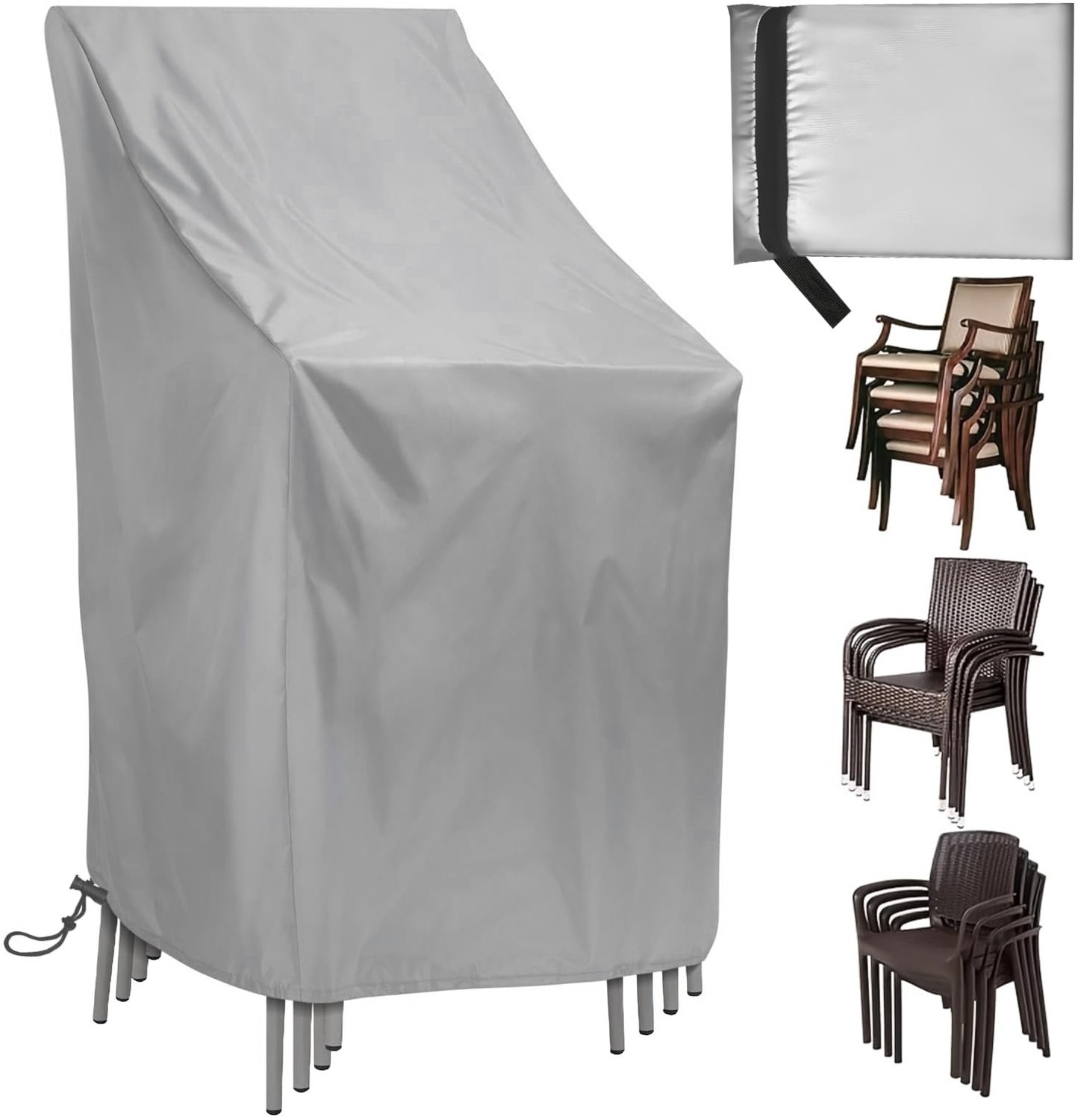 Famanu Beschermhoes voor stapelstoelen, afdekhoes voor tuinmeubelen van weerbestendig materiaal, 1 stuk, afmetingen 85 x 65 x 114 cm, ideaal voor het beschermen van tuinstoelen op balkon of in de tuin, kleur grijs wit