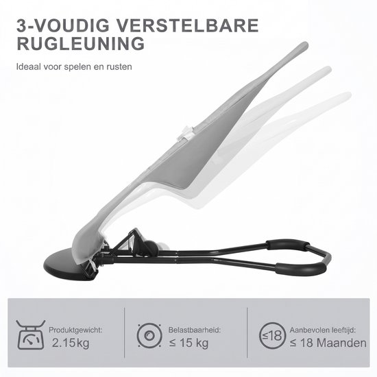 Wipstoel - Bouncer - Babywipstoel opvouwbaar - Baby Swing- 3 rugstanden - 3-puntsgordel - speelboog met 3 knuffels - afneembare wasbare katoenen hoes - tot 15 kg - lichtgrijs — afbeelding 4