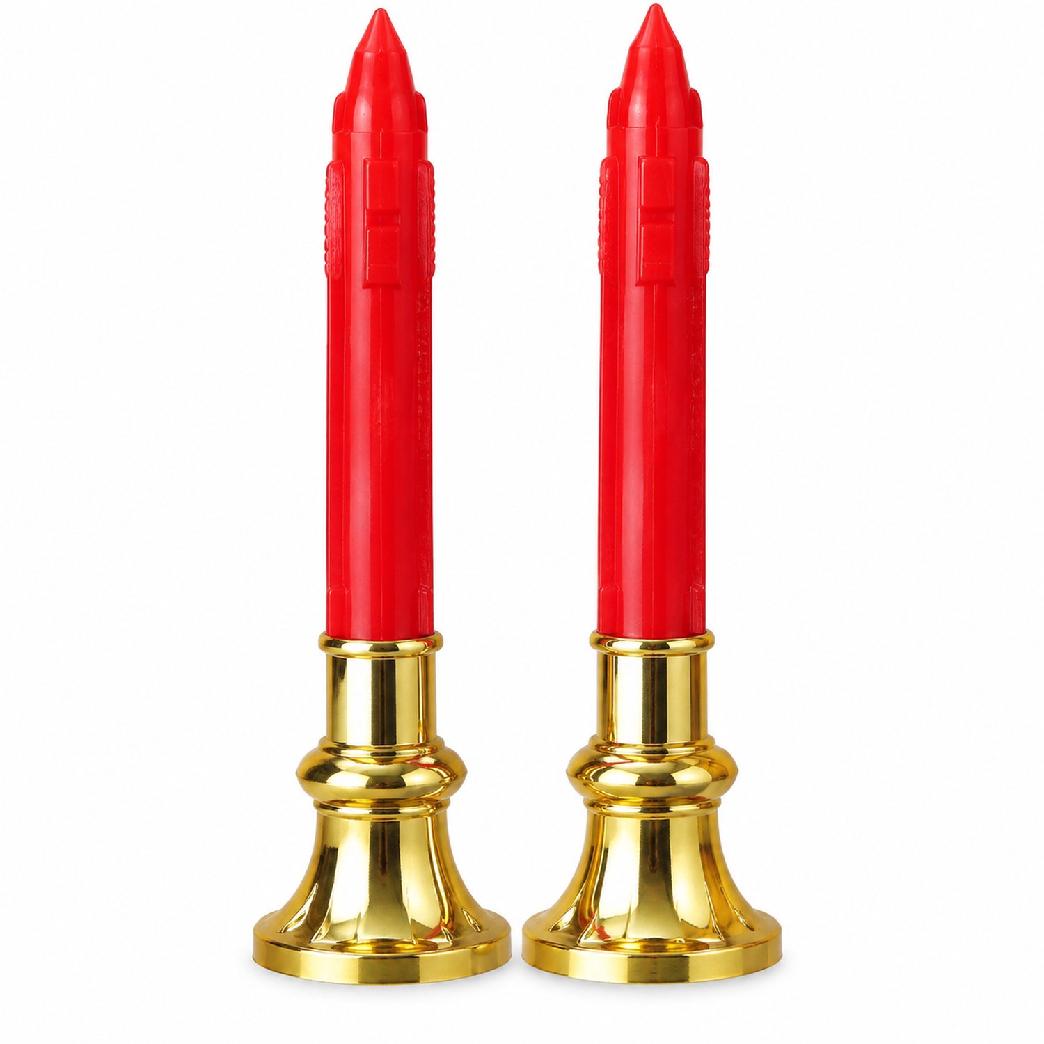 SWGOTA led kaarsen, 2 stuks van 13 cm, rode behuizing en rood licht, vlamvormige top en goudkleurige voet, op blisterkaart