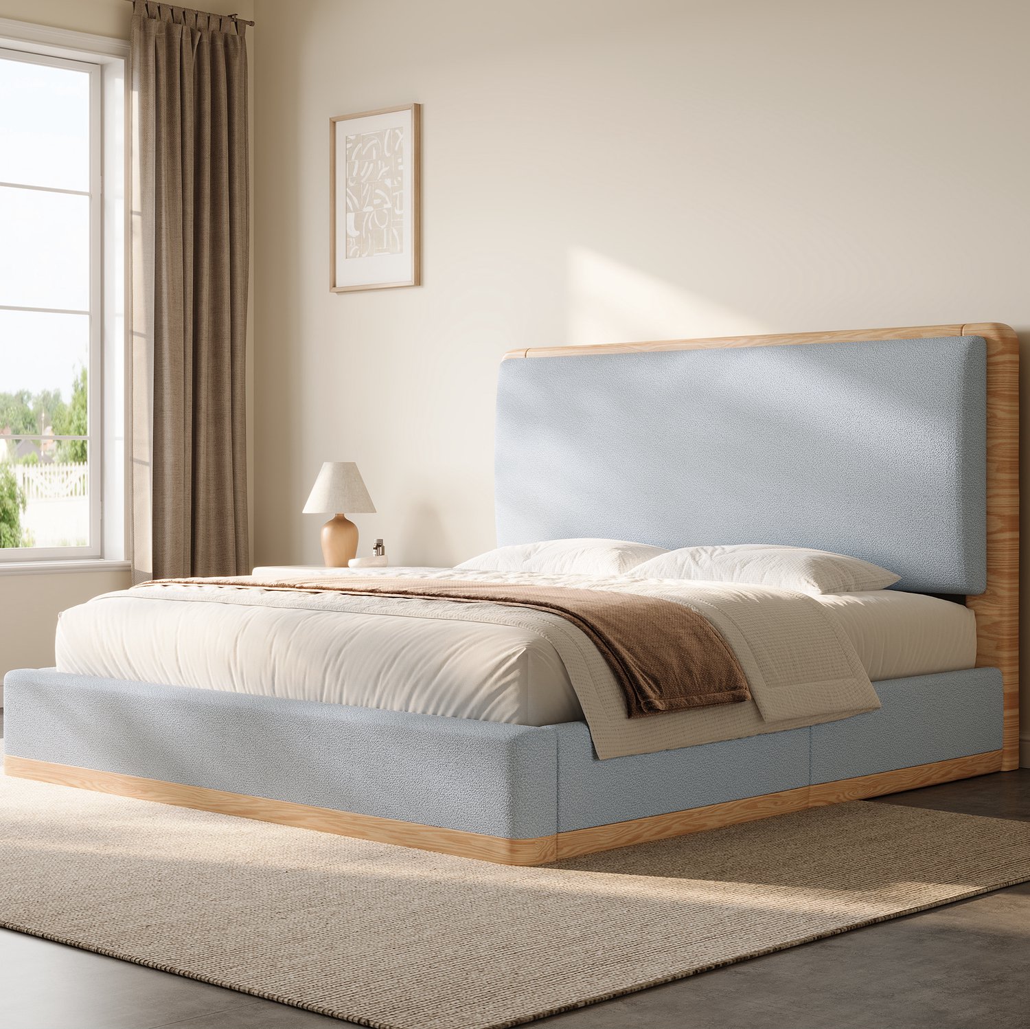 FloraGrace Gestoffeerd Bed 140x200 cm - Gewatteerd Hoofdbord - Lattenbodem met 10 Latten - Matras Niet Vermeld - Stof en Hout - Grijs en Naturel