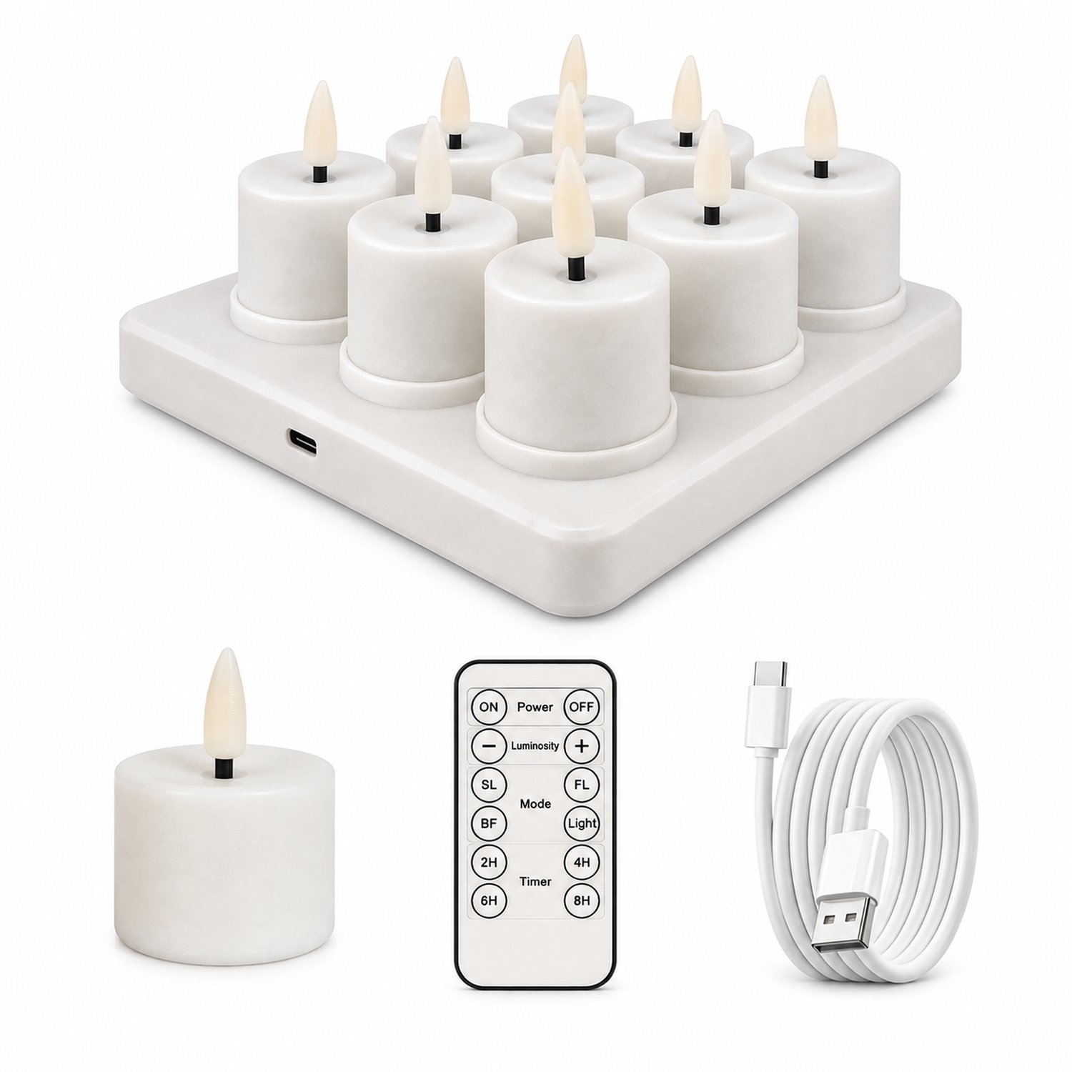 SWGOTA led kaarsen set van 9 - Wit, warm licht, gladde uitvoering, basis met 3 x 3 plaatsen, afstandsbediening en Type-C-opladen