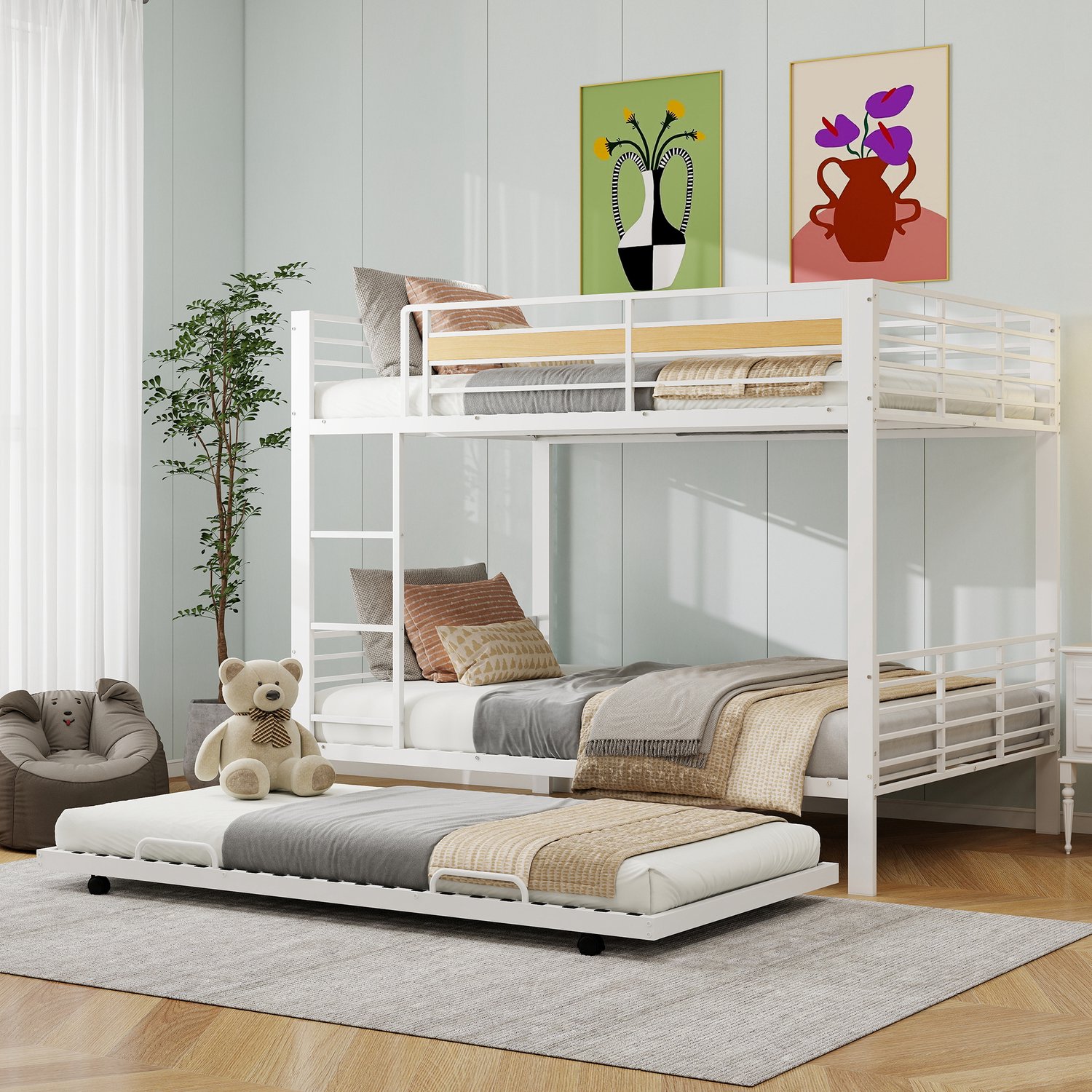 Sweiko Stapelbed - 140 x 200 cm - Metalen kinderbed - Met uitschuifbaar bed - Veiligheidszijhekken - Wit