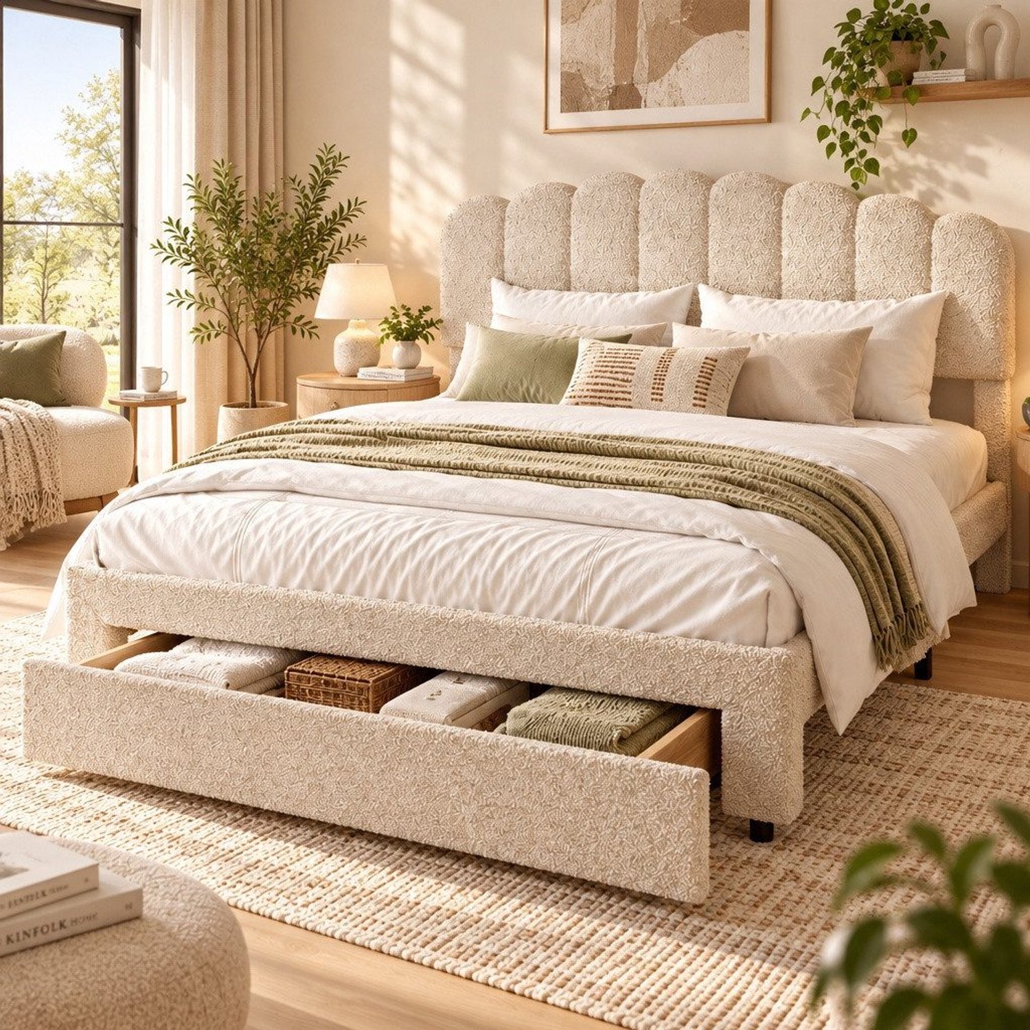 Mofor Gestoffeerd tweepersoonsbed 140x200 cm met opberglade en lattenbodem - bloemvormig hoofdbord - USB-poorten - teddy bekleding - beige