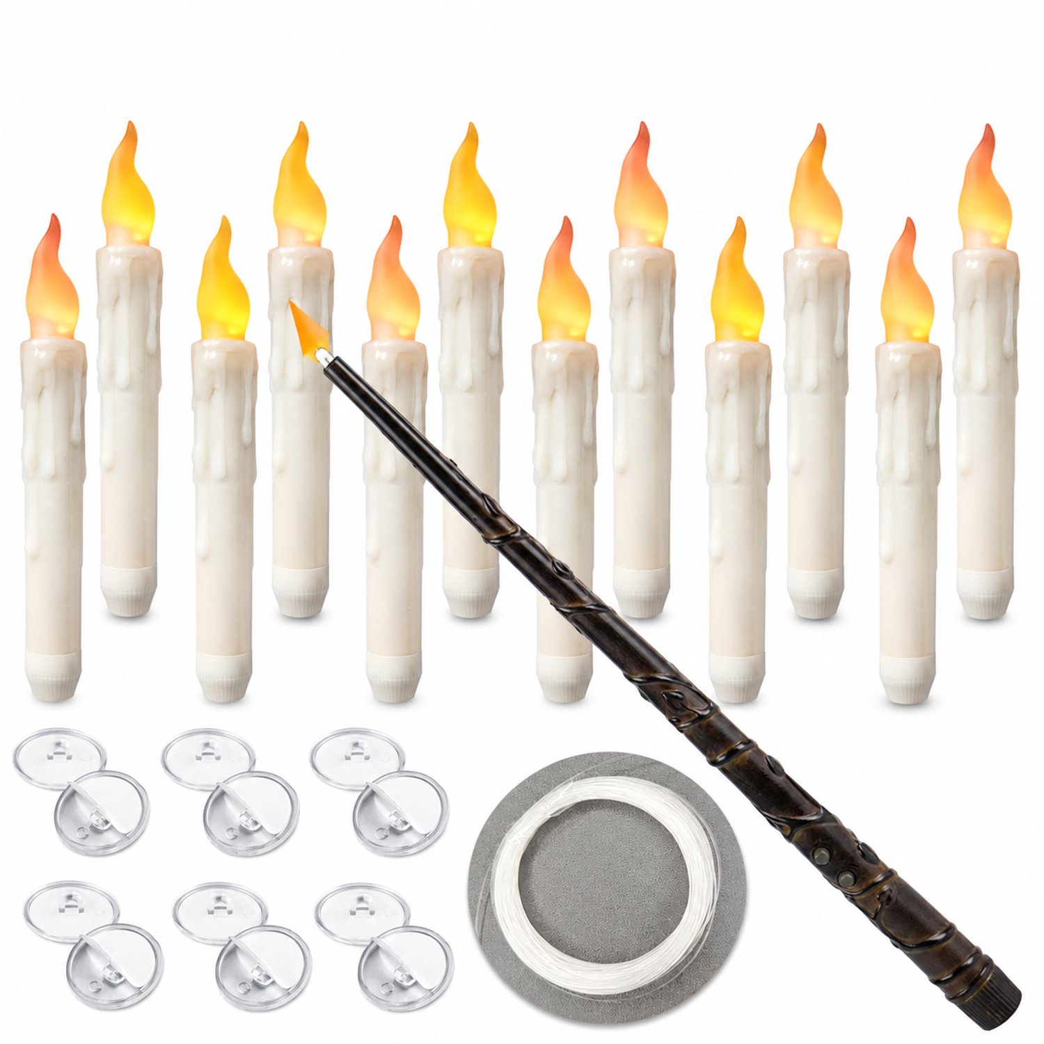 SWGOTA led kaarsen, 12 stuks met geel flikkerlicht, wasdruppelvorm en toverstaf-afstandsbediening voor hangende Halloween-decoratie Crème