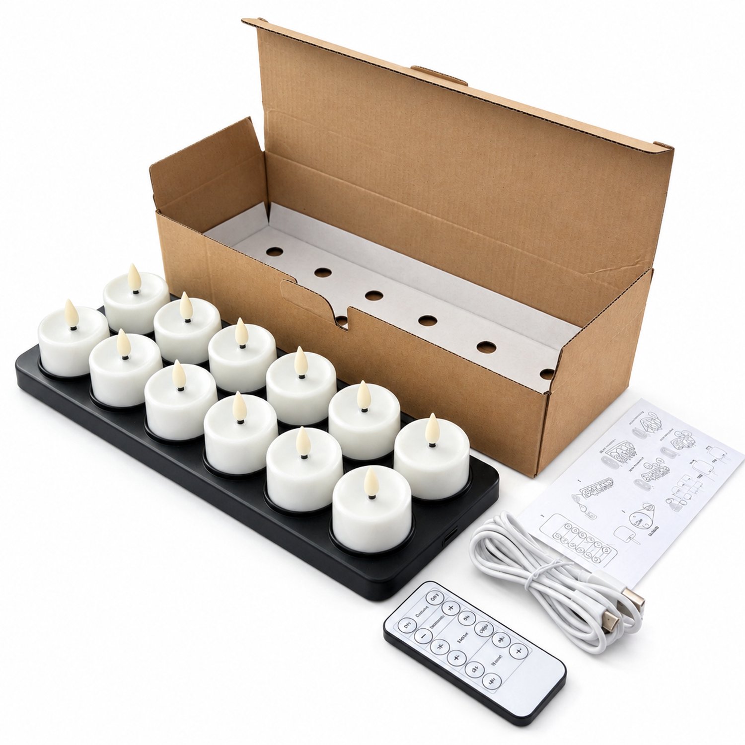 SWGOTA led kaarsen, 12 oplaadbare theelichtjes met USB-C, zwarte laadvoet met 12 plaatsen, matte witte behuizing en afstandsbediening