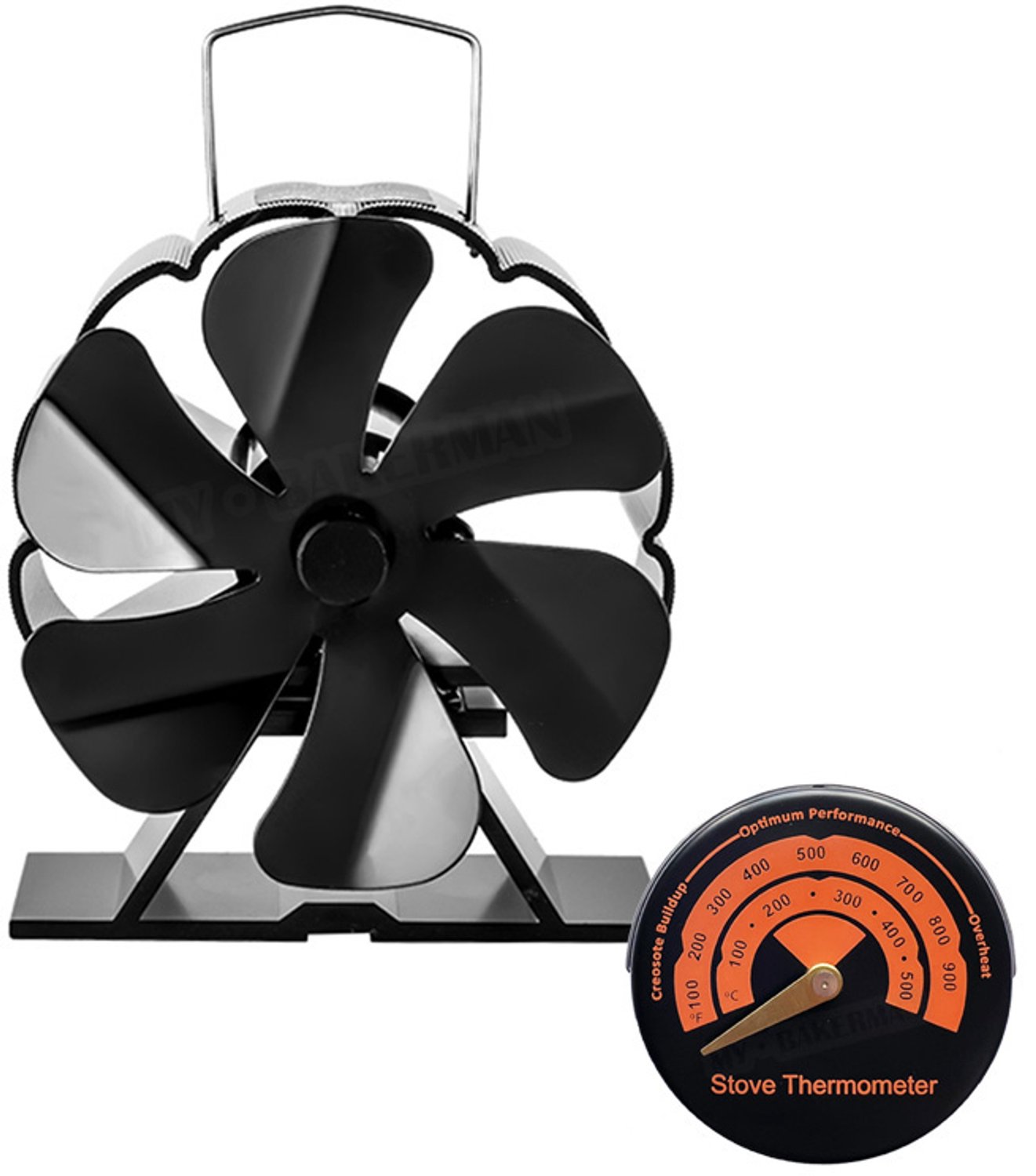 Kachelventilator - Haardventilator - Warmteventilator - Zwart Metaal - 14 Ribben - Compact Mini-Formaat - Rustig Draaiend - Met Thermometer - Voor Houtkachel en Open Haard
