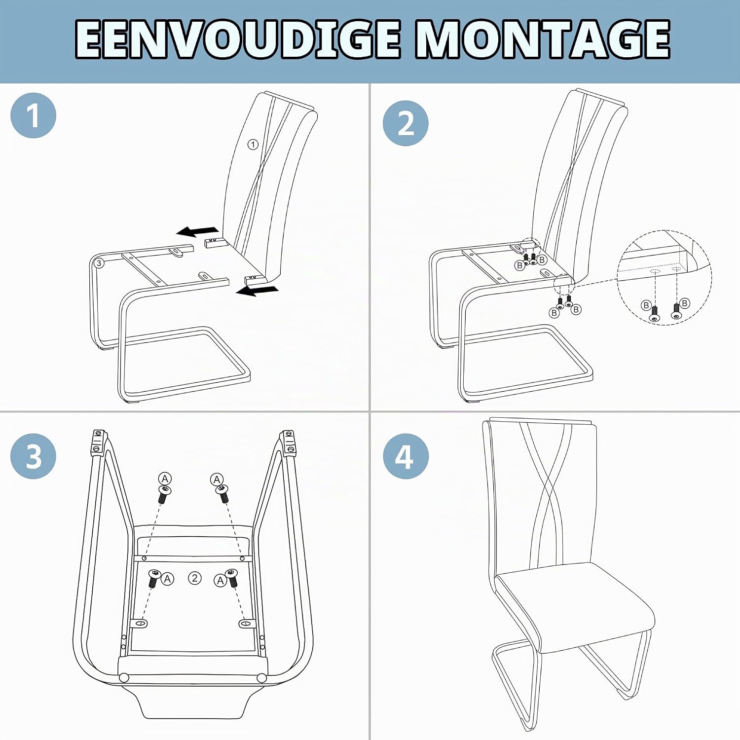 Set van 4 Witte Gestoffeerde Eetkamerstoelen met Hoge Rugleuning, Kunstleren Bekleding en Stevig Metalen Sledeframe – Comfortabele Keukenstoelen voor Eetkamer, Woonkamer en Horeca, 59 x 40,5 x 98,5 cm