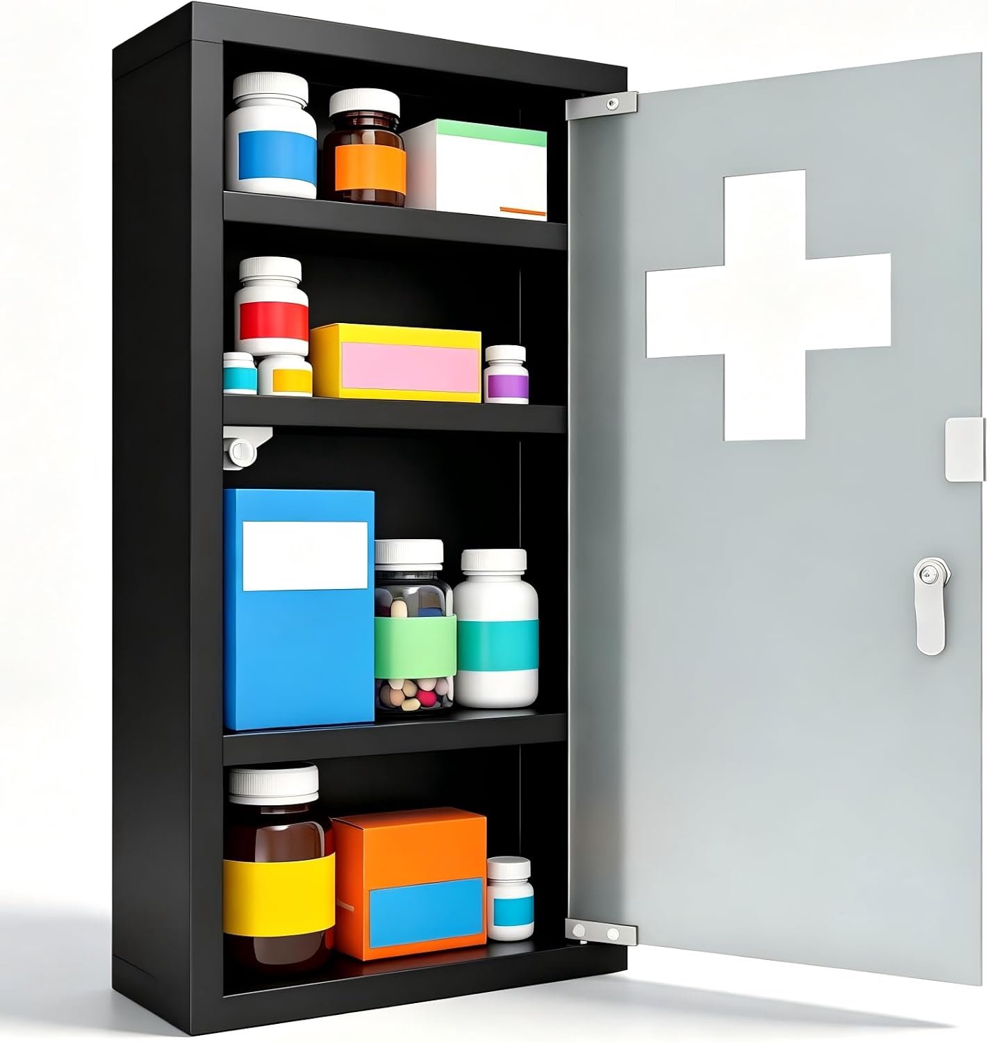 Apothekerkast 57,5 cm - zwart met glazen deur - afsluitbaar met 2 sleutels - robuust roestvrij staal - Vemera