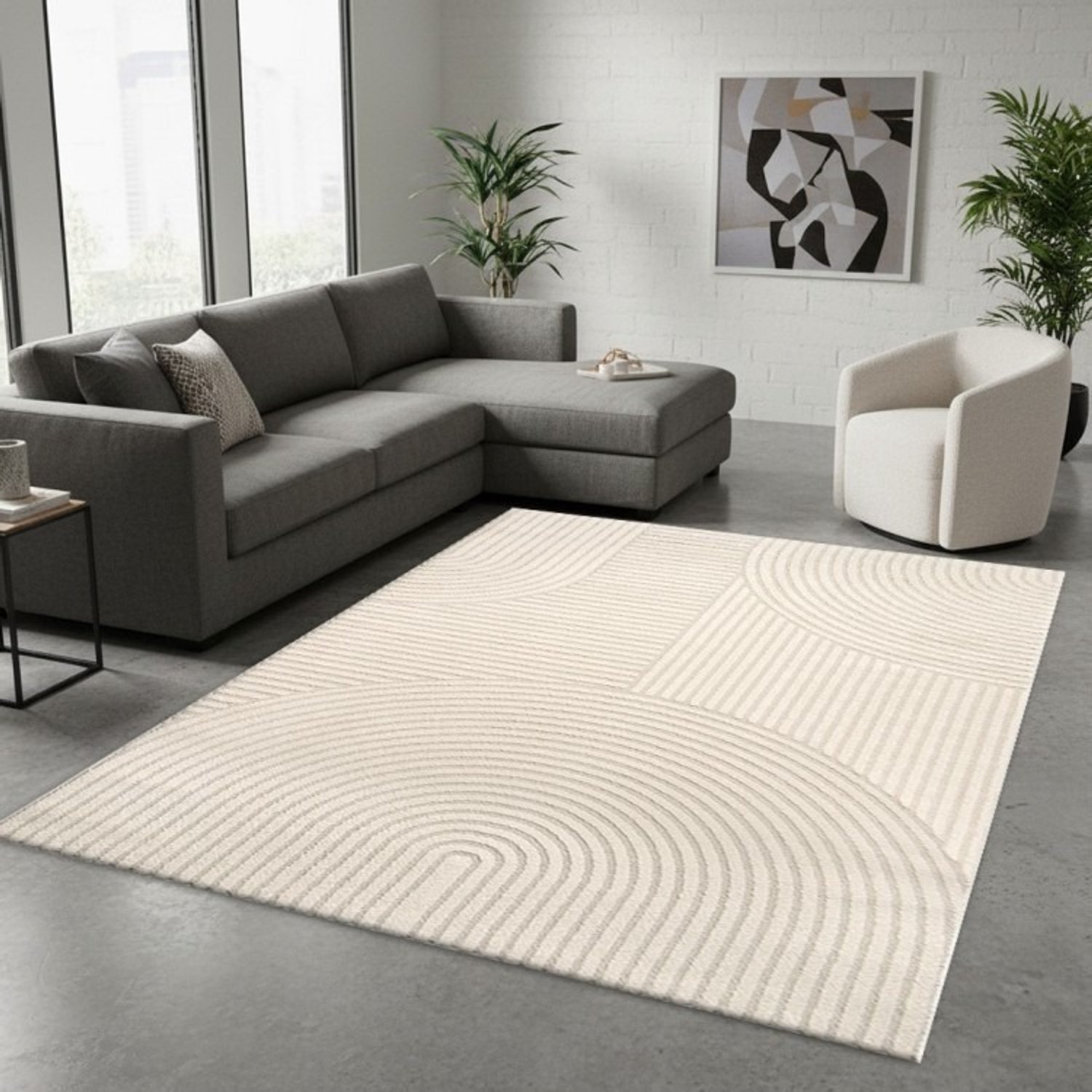 TapisTrend Designer tapijt Beige Modern vloerkleed met concentrische bogen en verhoogde geometrische lijnen voor woonkamer en slaapkamer, foto 2