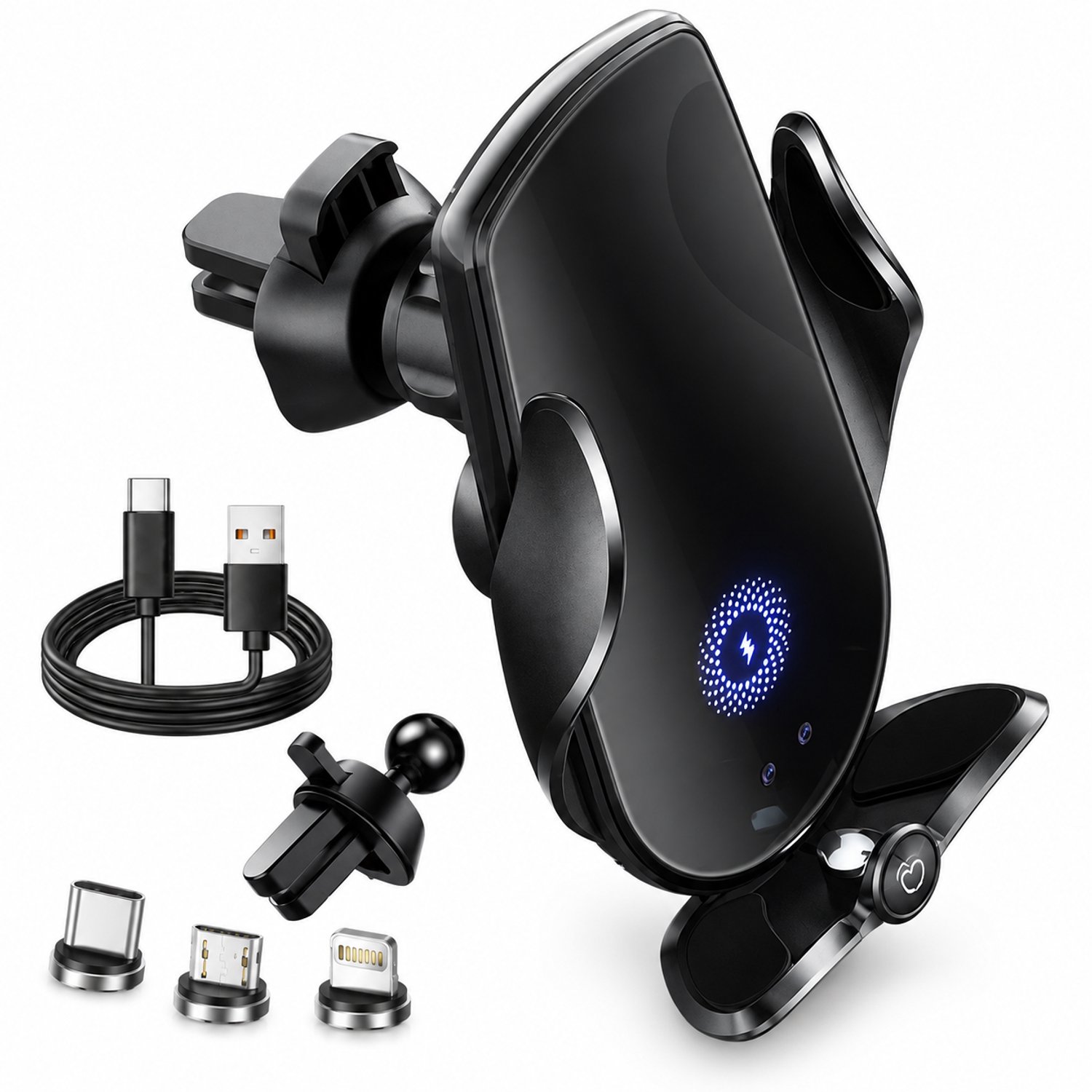 Telefoonhouders auto: gunmetalzwarte autotelefoonhouder met 15 W draadloos opladen en ventilatieroosterclip