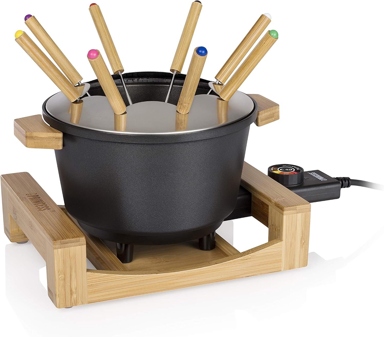 Elektrische Fondueset 8 Personen – 1,5 Liter – Instelbare Thermostaat – Bamboe Behuizing – Voor Vlees-, Kaas- en Chocoladefondue – Zwart