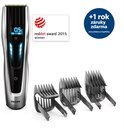 Zilveren Philips tondeuse met digitaal display, drie opzetkammen, Red Dot Award-logo en aanbieding voor 1 jaar extra garantie.