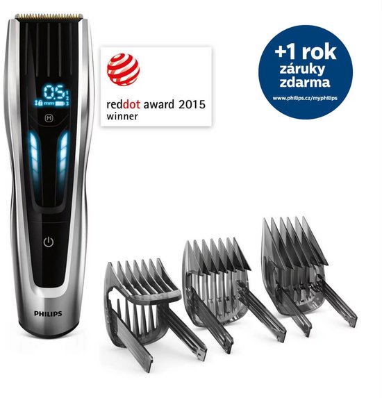 Zilveren Philips tondeuse met digitaal display, drie opzetkammen, Red Dot Award-logo en aanbieding voor 1 jaar extra garantie.