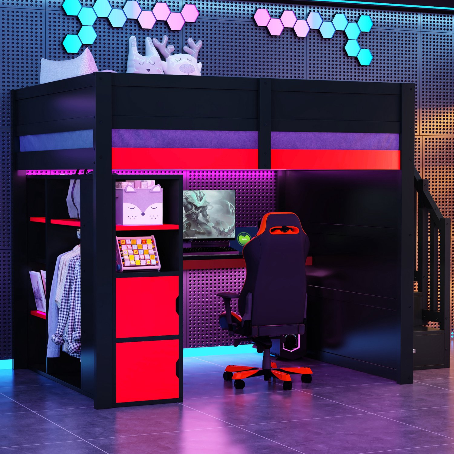 Kinderbed, Tweepersoonsbed, 140x200 Gaming houten hoogslaper met bureau, meerlaagse opbergruimte, LED-verlichting, USB-laadaansluiting en zwarte trap met opbergruimte, Zwart + Rood