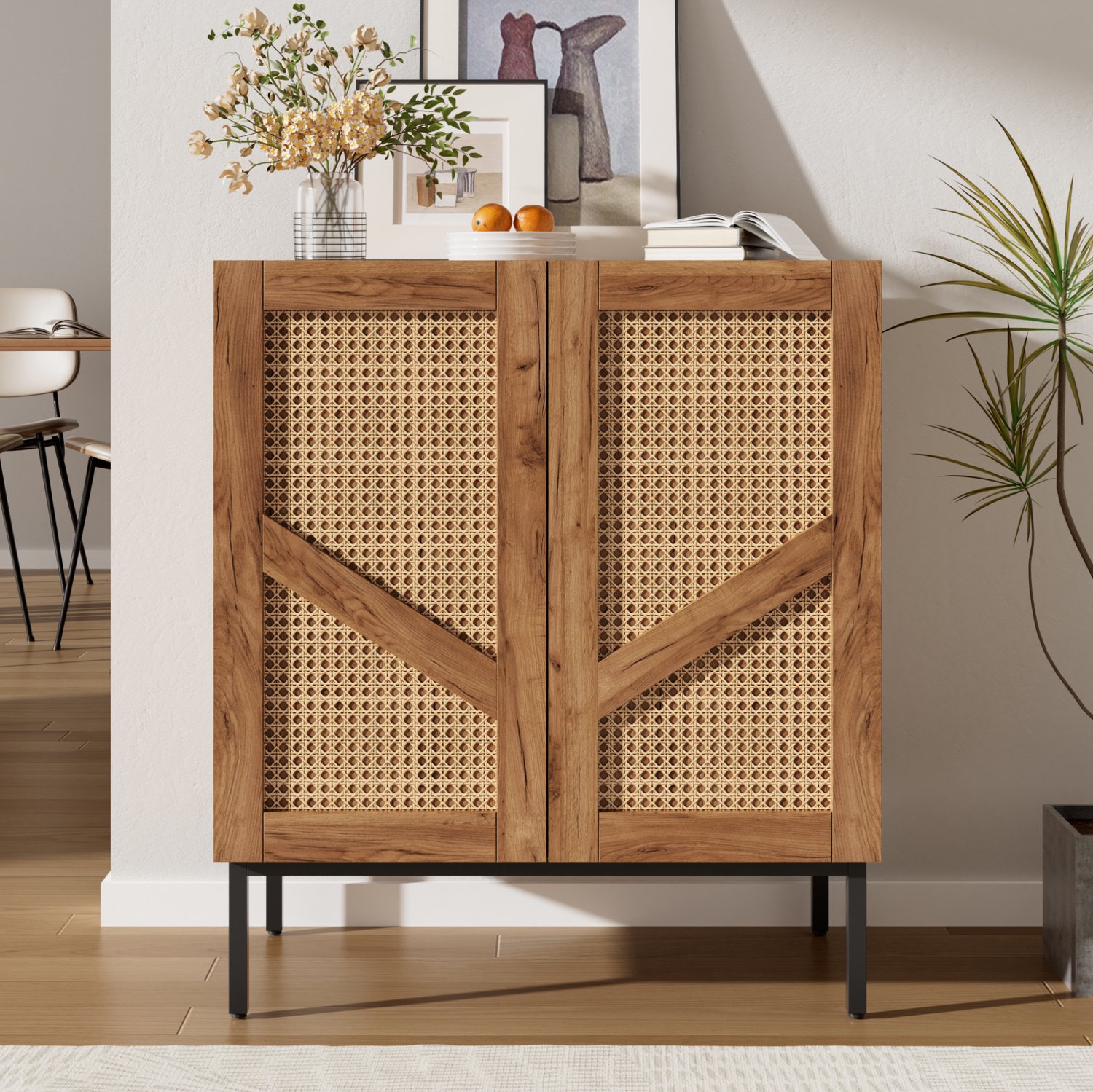 COVREO Dressoir met 2 deuren – Sideboard met PE-rattan en planken – Opbergkast voor woonkamer – 70x38,5x80 cm – Naturel