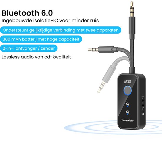 AdroitGoods Bluetooth 6.0 Zender en Ontvanger - 2-in-1 AUX Adapter 3,5 mm - Vliegtuig, Auto en TV - 18 Uur Accu - USB-C - Twee Koptelefoons - Zwart — afbeelding 2