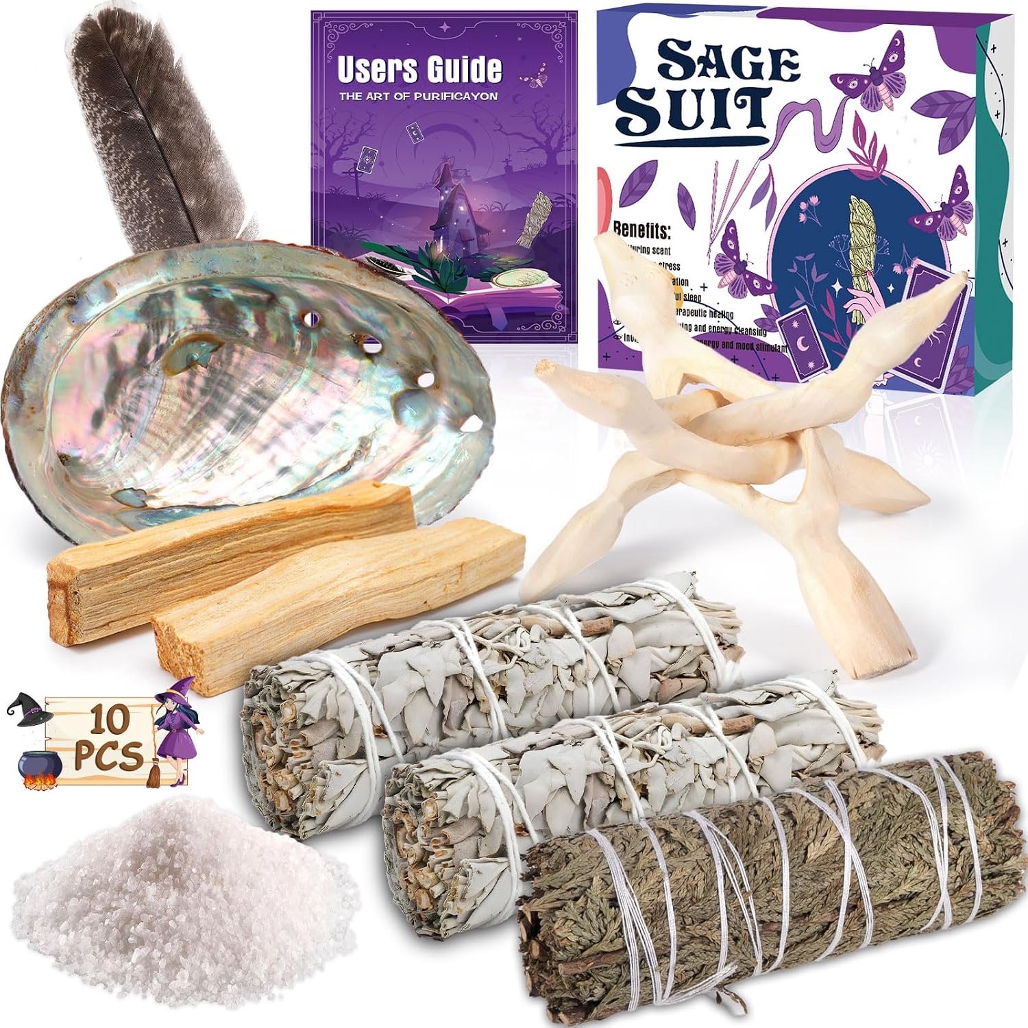Wierookset - 2 Witte Salie 10-11 cm, 2 Palo Santo - Abalone schaal, energiereiniging, negatieve energie elimineren - m-winkel
