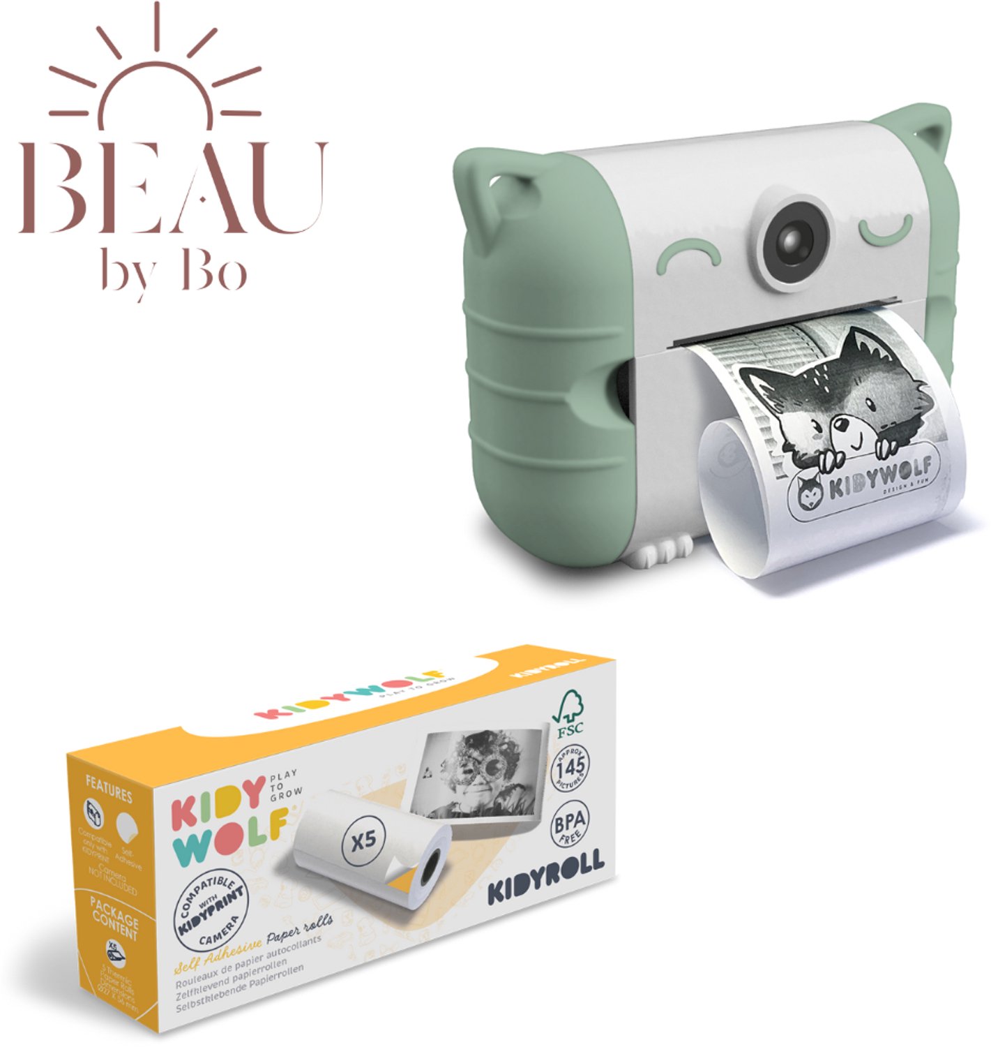Bundel Kidywolf Camera met thermische printer Groen + Refill 5 rolletjes Zelfklevend