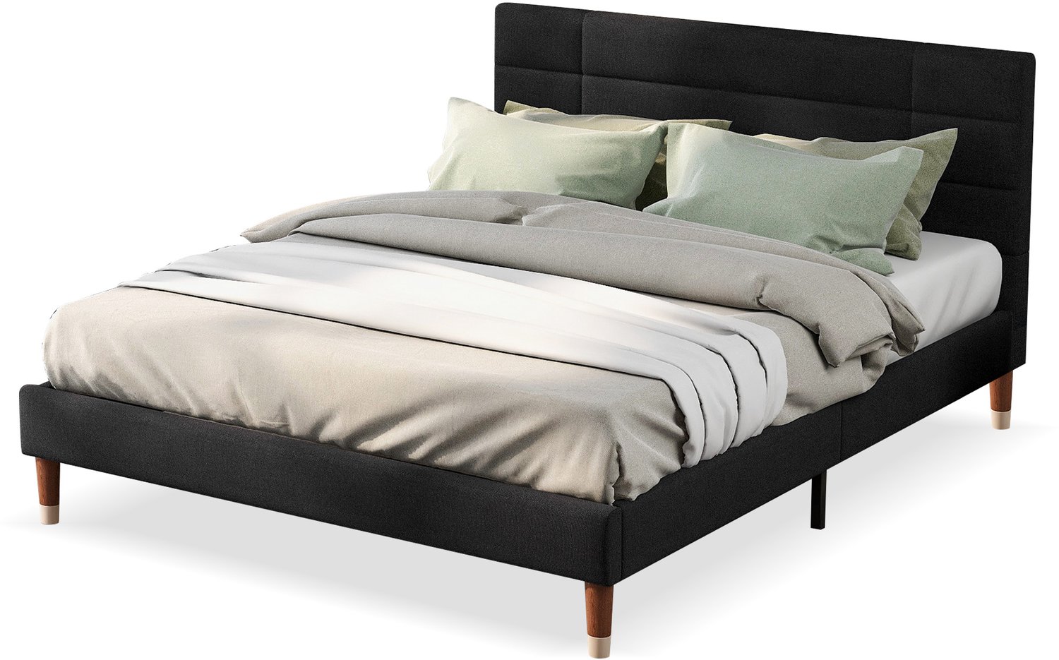 Gestoffeerd Bed 140x200 cm - Tweepersoonsbed Met Lattenbodem En Hoofdbord - Massief Houten Frame Met Linnen Bekleding - Zwart