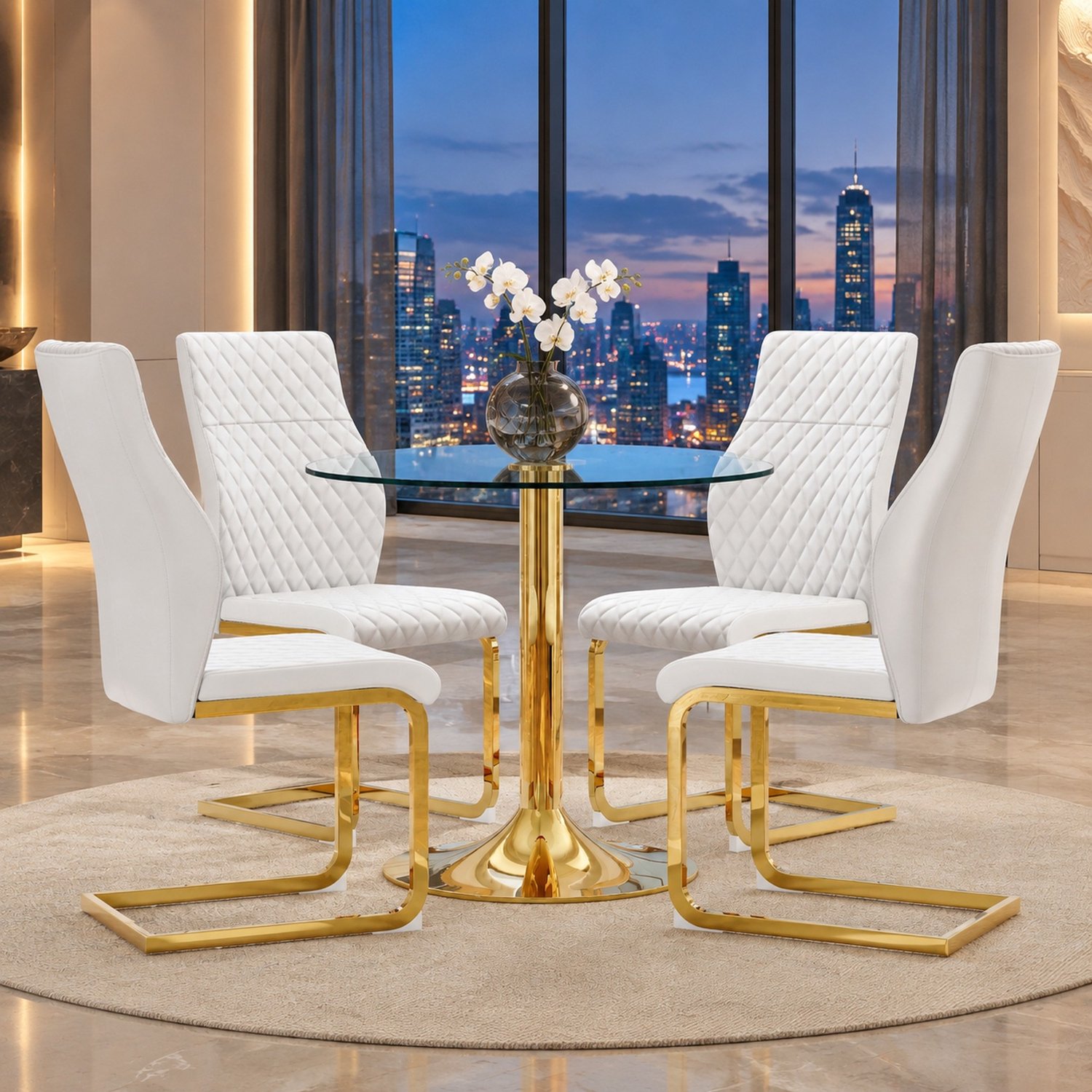 WUVRIE Eettafelset met ronde glazen tafel Ø 85 cm - 4 stoelen - Transparant/wit/goud