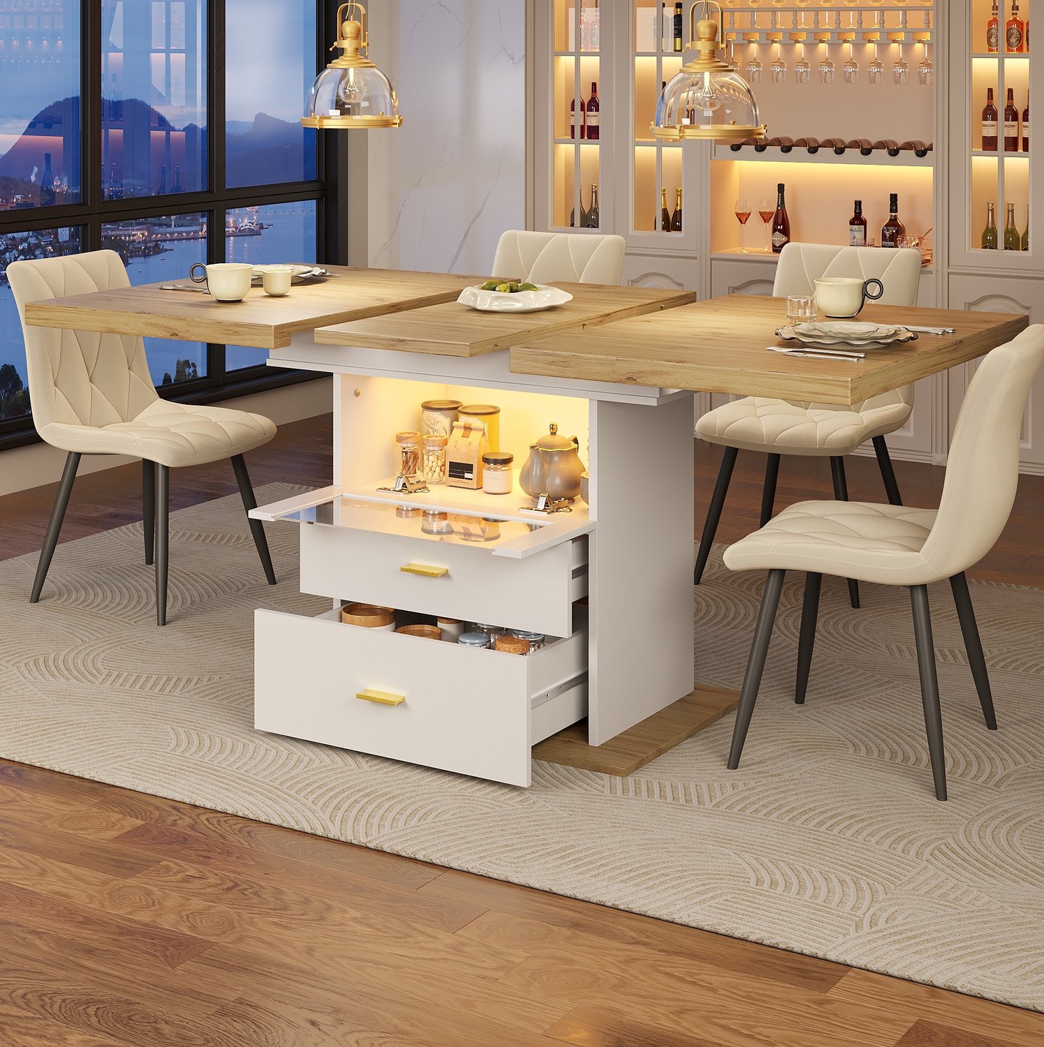 WUVRIE Uitschuifbare eettafel 110-140x80 cm - LED met app-bediening en 2 lades - Wit