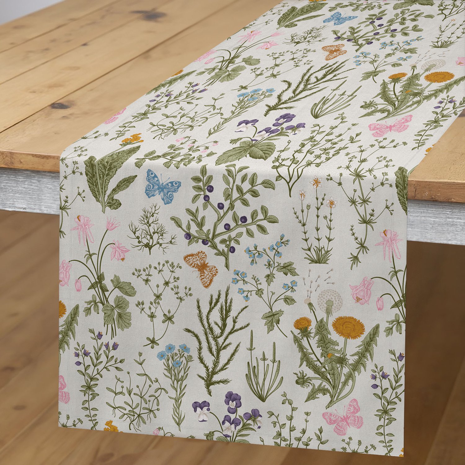 ABAKUHAUS Bloemen Tafelloper, Vintage Tuinplanten, Rechthoekige Decoratieve Tafelloper voor Eetkamer en Keuken, 40 x 180 cm, Resedagroen Beige Roze Blauw