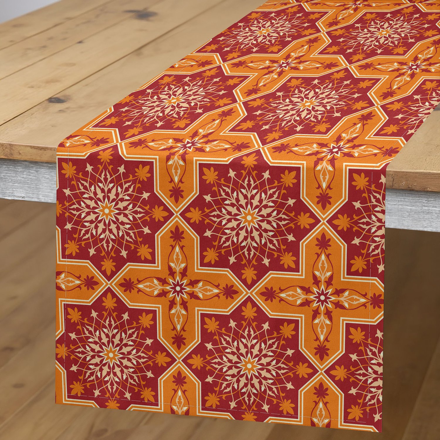 ABAKUHAUS Midden-Oosterse Tafelloper, Geometrisch Motief met Bloemen Natuurpatroon Oosters Ornament Ontwerp, Rechthoekige Tafelloper voor Eetkamer en Keuken, 40 x 180 cm, Oranje Roest
