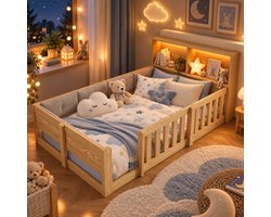 Kinderbed 90x200 cm - Eenpersoonsbed - Vloerbed - Multifunctioneel bed - Met veiligheidsleuning - Met led-lichtstrip - Hoofdbord met opbergruimte - Met een gewatteerde rugleuning - Natuurlijke houtkleur