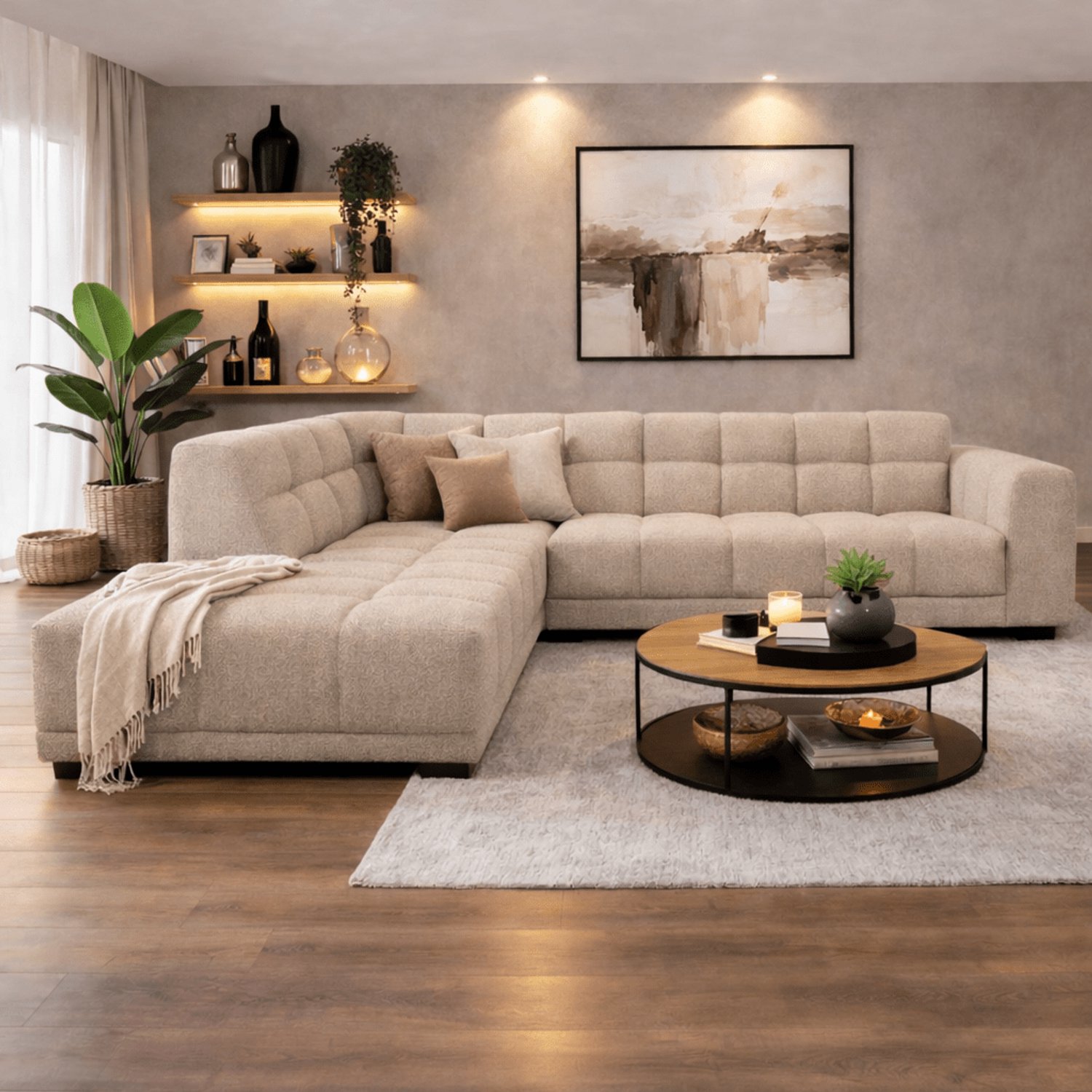 Dimehouse Hoekbank met lounge beige bouclé stof Nova - links - Stof - Scandinavisch & Basic - 270 x 219 x 76 cm