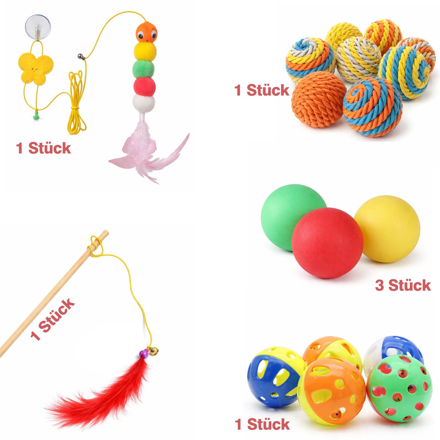 Jungengel Kattenspeelgoed Set 7-delig - Kattenhengel met Veer en Belletje - Speelballetjes Touwballen Zuignap Speeltje - Interactief Speelset Kitten Volwassen Kat Binnen - Jachtinstinct Stimulatie