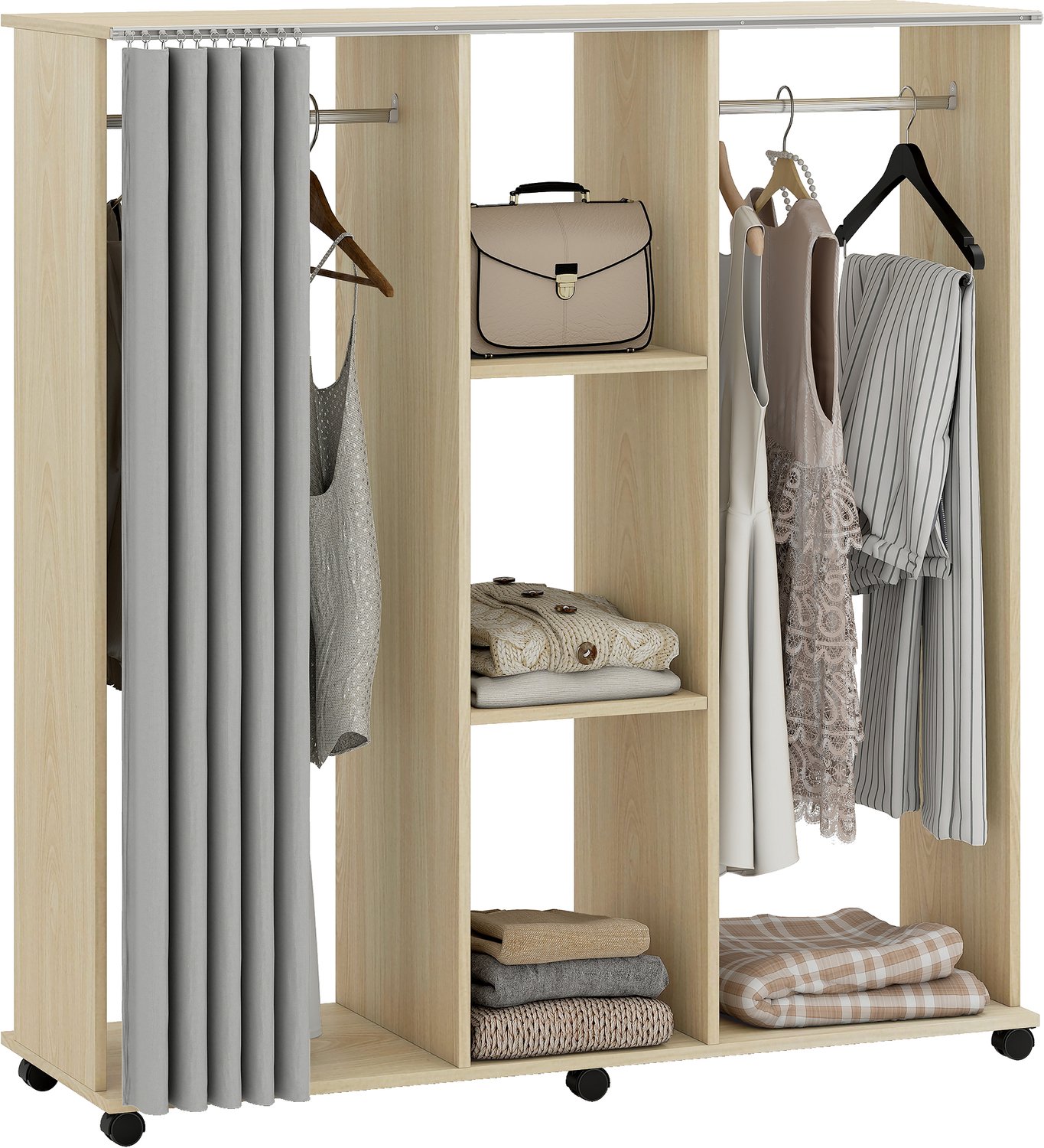 HOMCOM Kledingrek op wielen - Spaanplaat - 120x40x128cm - Natuurlijk hout