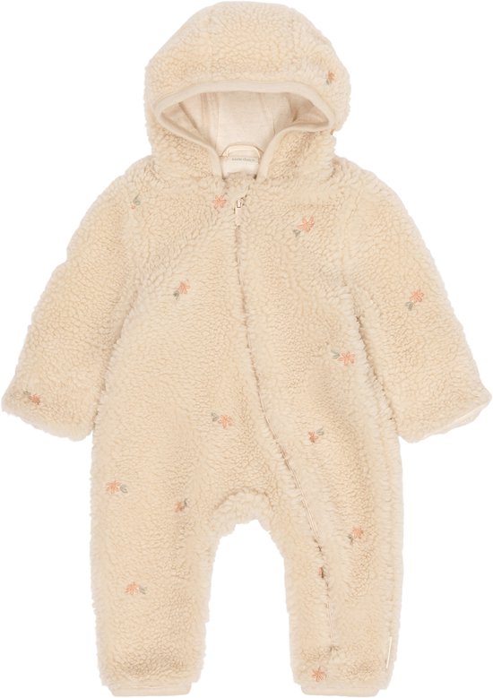 Beige teddy boxpakje met capuchon en bloemetjesborduursel, ritssluiting aan de voorzijde, van Little Dutch.