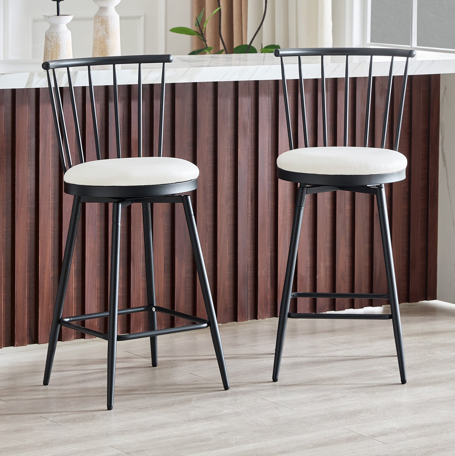 WUVRIE Barkruk set van 2 - Met rugleuning, kunstleren zitting en metalen frame - Wit