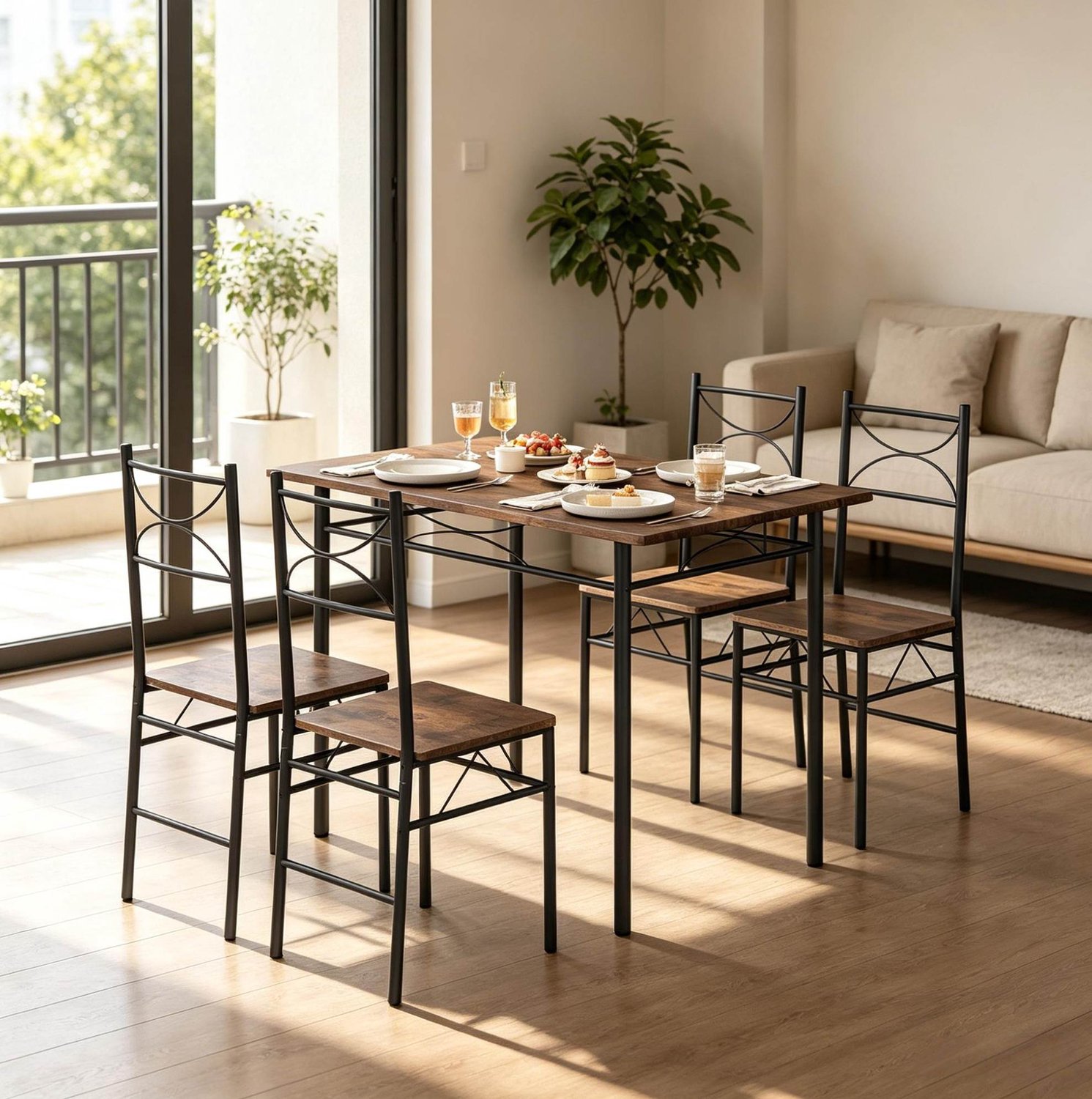 WUVRIE Eettafelset 110 x 70 x 76 cm - Tafel met 4 stoelen - Rustiek bruin/zwart