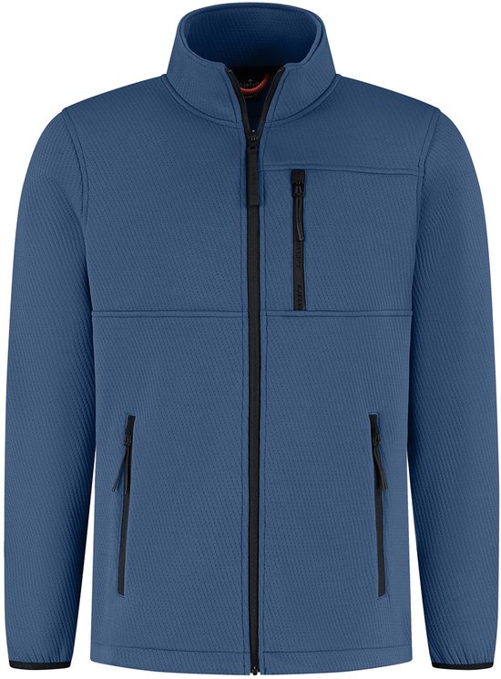 Blauw vest met rits, opstaande kraag, borstzak en zwarte ritsen.