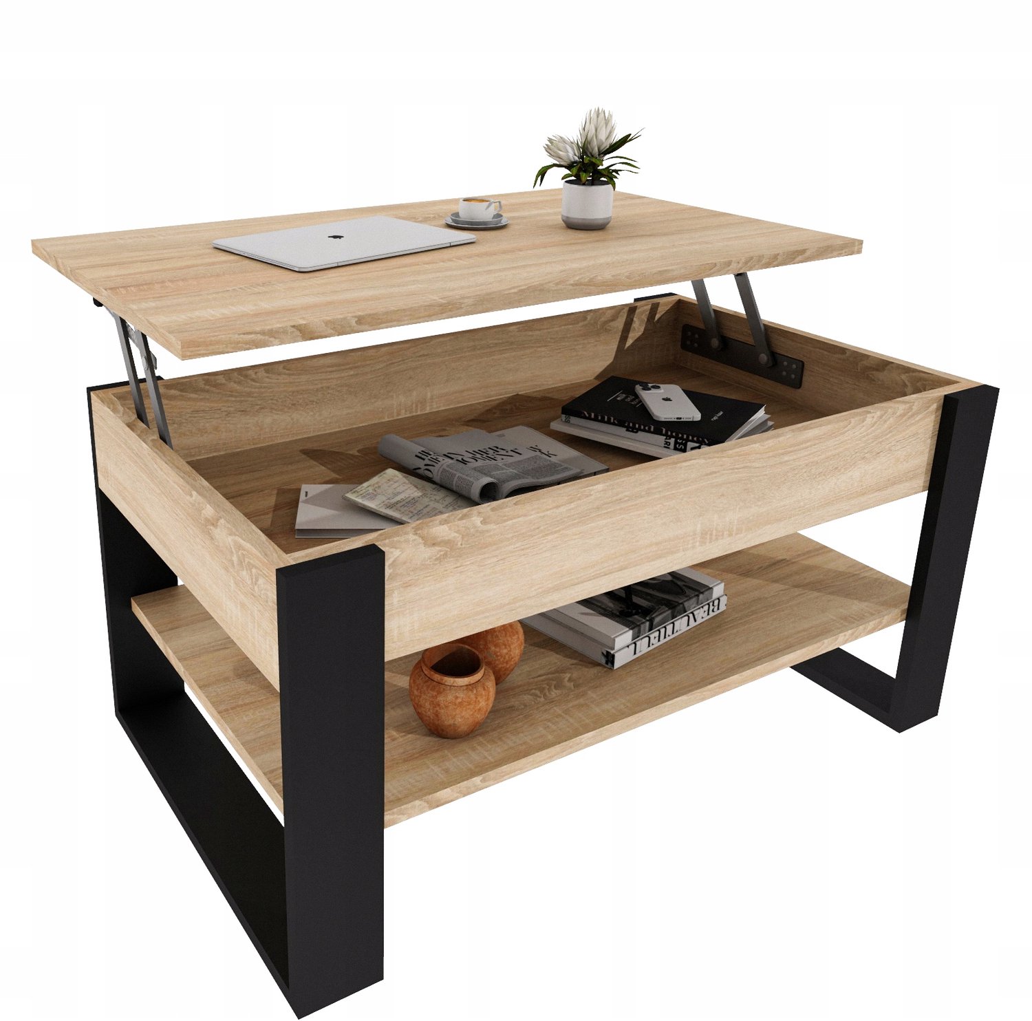 Mobelkap Salontafel met liftblad - eikenlook, zwart, met opbergruimte