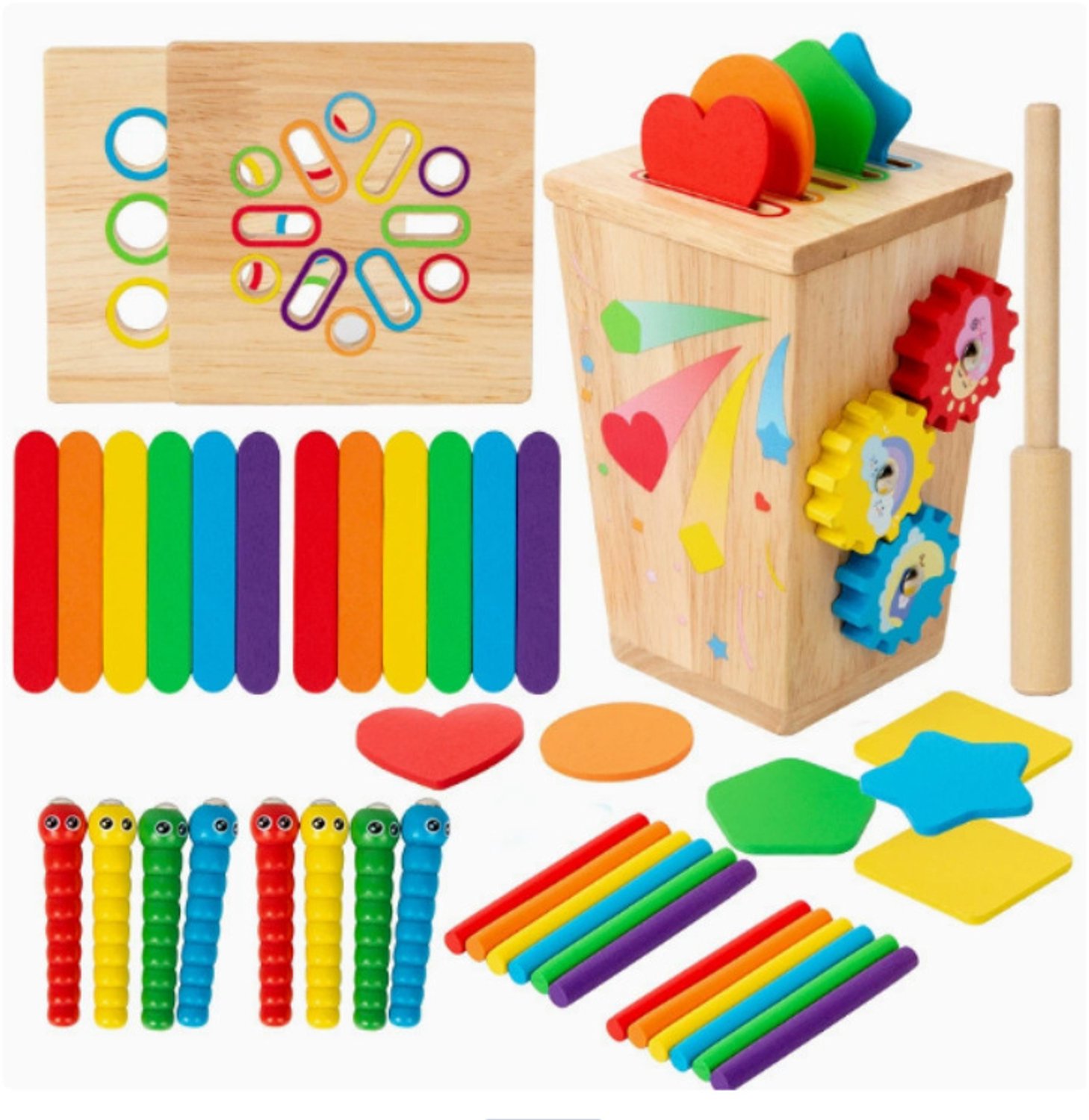 Montessori houten sorteer speelgoed — 5-in-1 speelgoed voor de ontwikkeling van de fijne motoriek — Sorteerspel op kleur en vorm — Zintuiglijk speelgoed voor kinderen van 1 tot 3 jaar