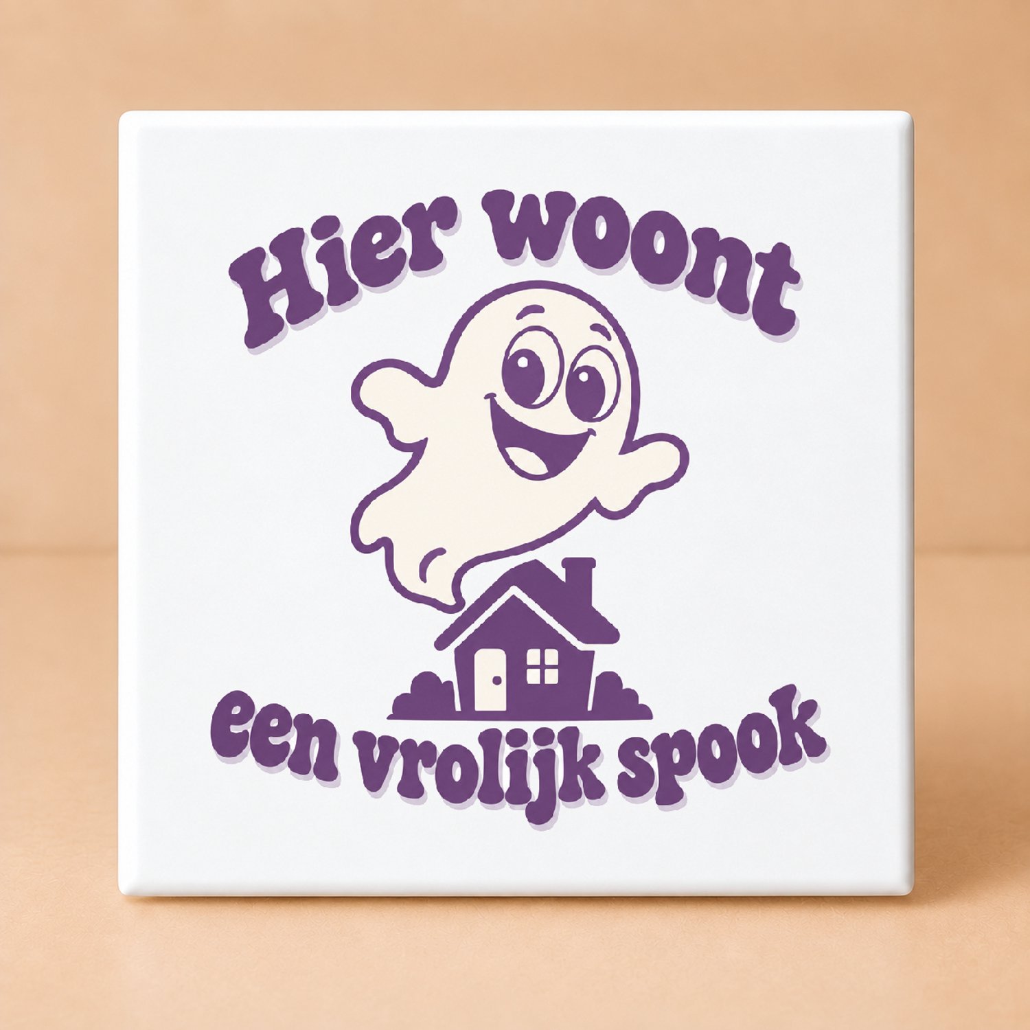 Bedruk King Retro vrolijke Halloween Tegel – Jaren 70 stijl voordeurdecoratie met dikke ronde letters voor spookfans - 11 x 11 cm Wit