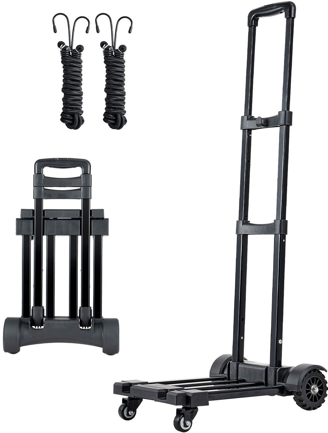 Opvouwbare steekwagen- 131-5 kg draagvermogen- inklapbare bagagekar met 4 wielen- 2 elastische touwen en uitschuifbare basis- transportkar met platform voor luchthavenbagage- kantoorverhuizingen- zwart