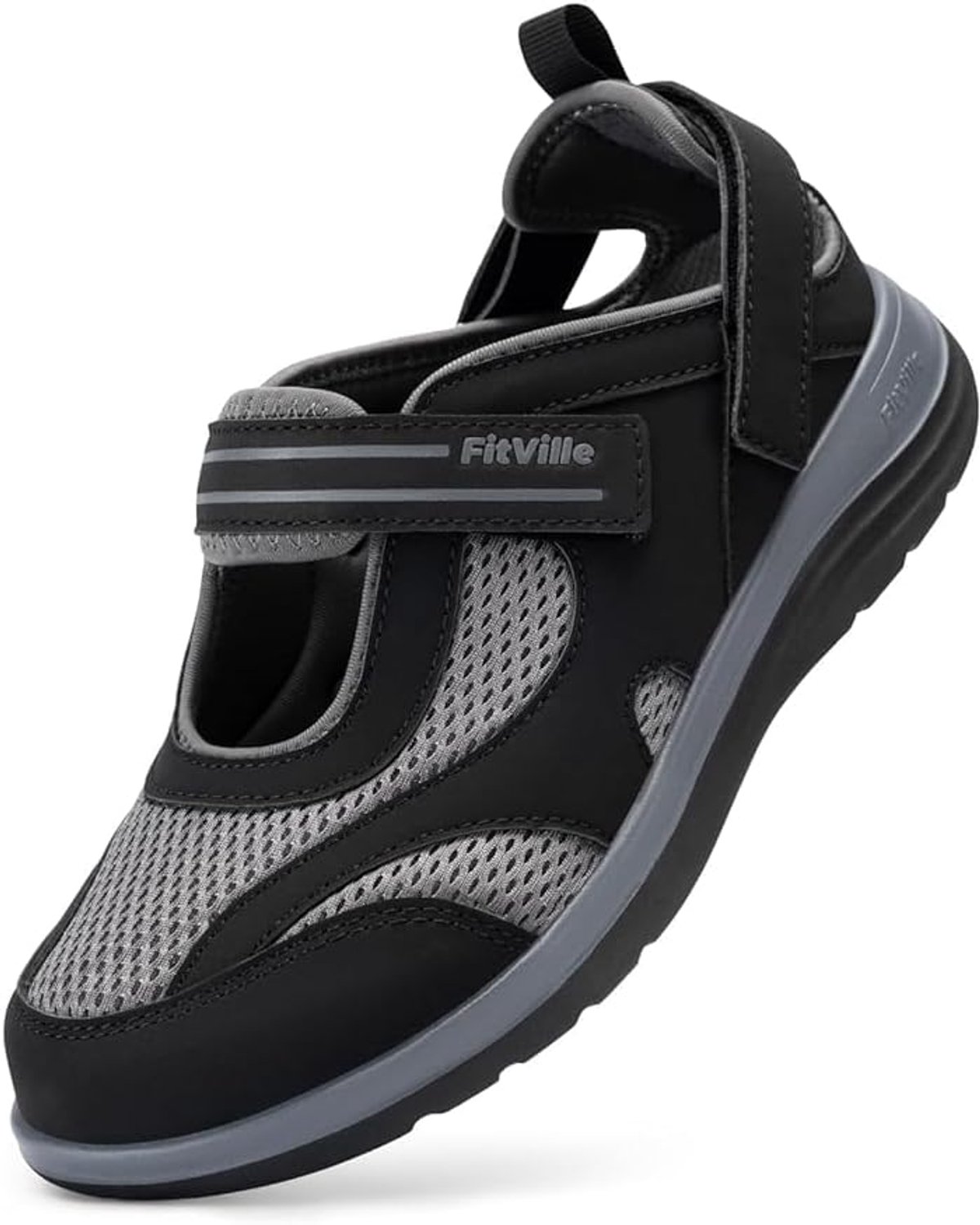 FitVille Dames Sandalen met Klittenband Extra Breed & Comfortabel Zwart