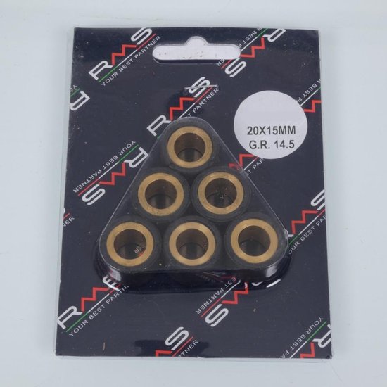 Six galets de variateur RMS dans un emballage triangulaire, dimensions 20x15mm, poids 14,5 grammes.