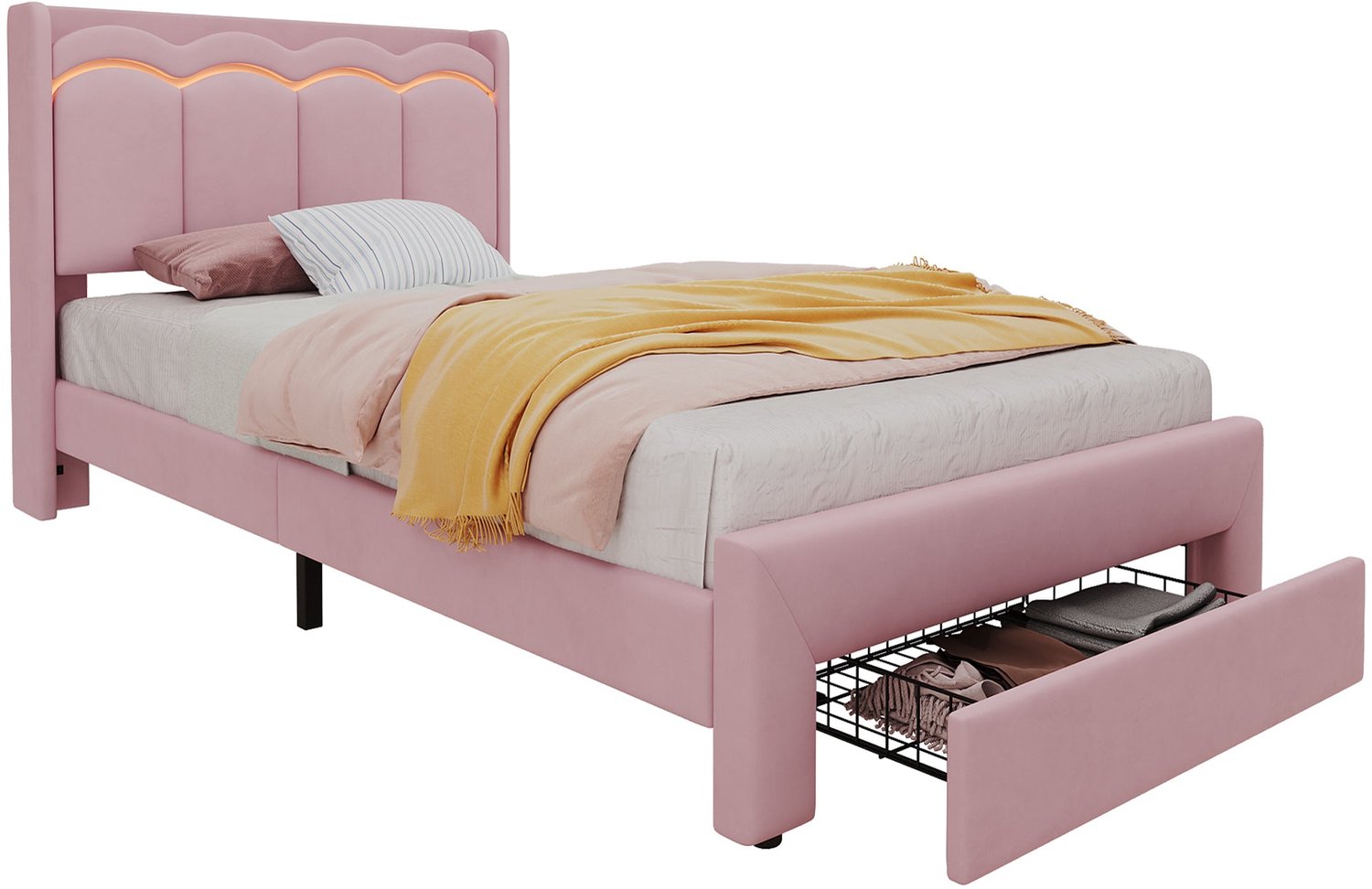Merax Kinderbed 90 x 200 cm - Gestoffeerd Bed - Roze Fluweel - Opberglade - Golvend Hoofdbord - LED Verlichting - Tot 220 kg