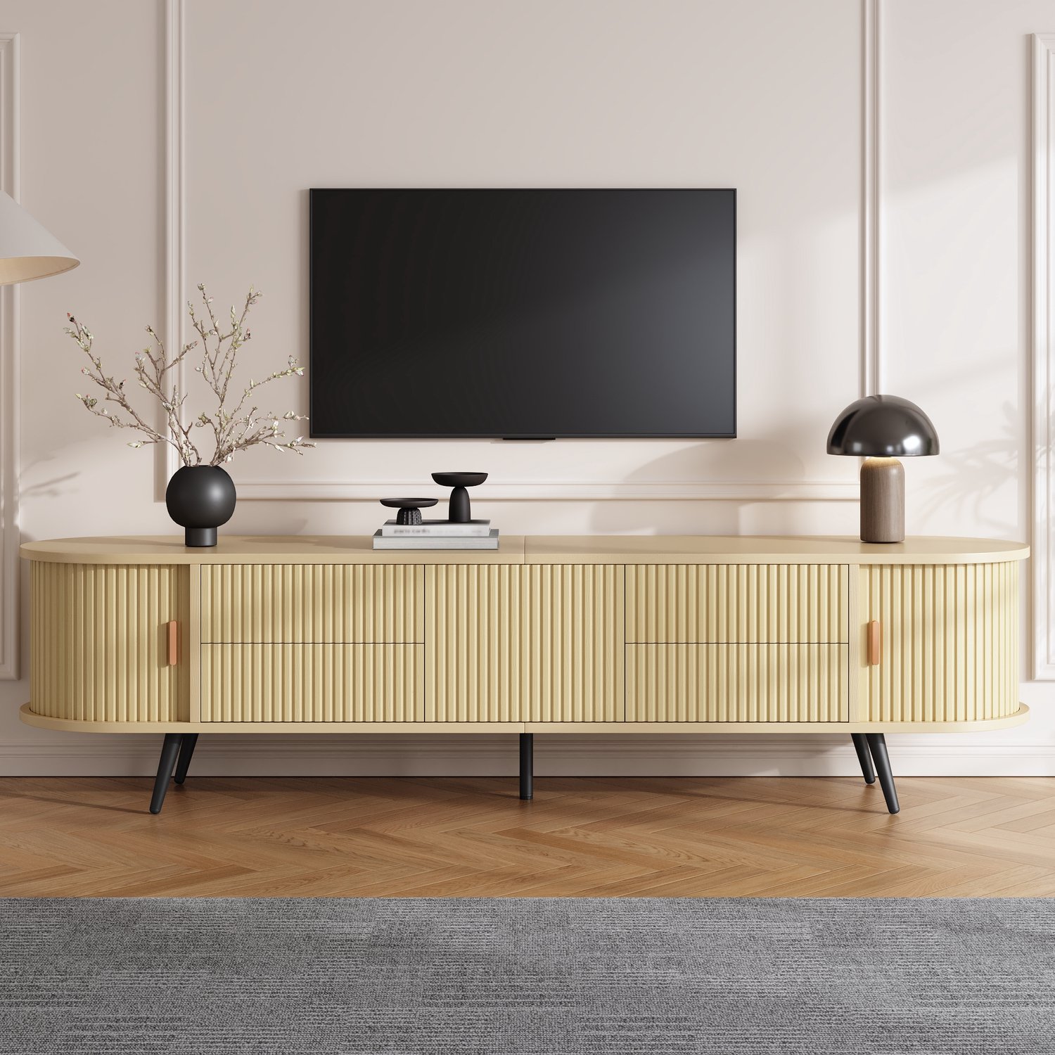 VVBV TV Meubel / TV Kast 160x38x50 cm – 2 Lades, Opbergruimte, Deuren, Tot 50 kg, Open Vakken, Houtlook, Lamellendeuren – MDF – Walnoot/Zwart Walnut+black